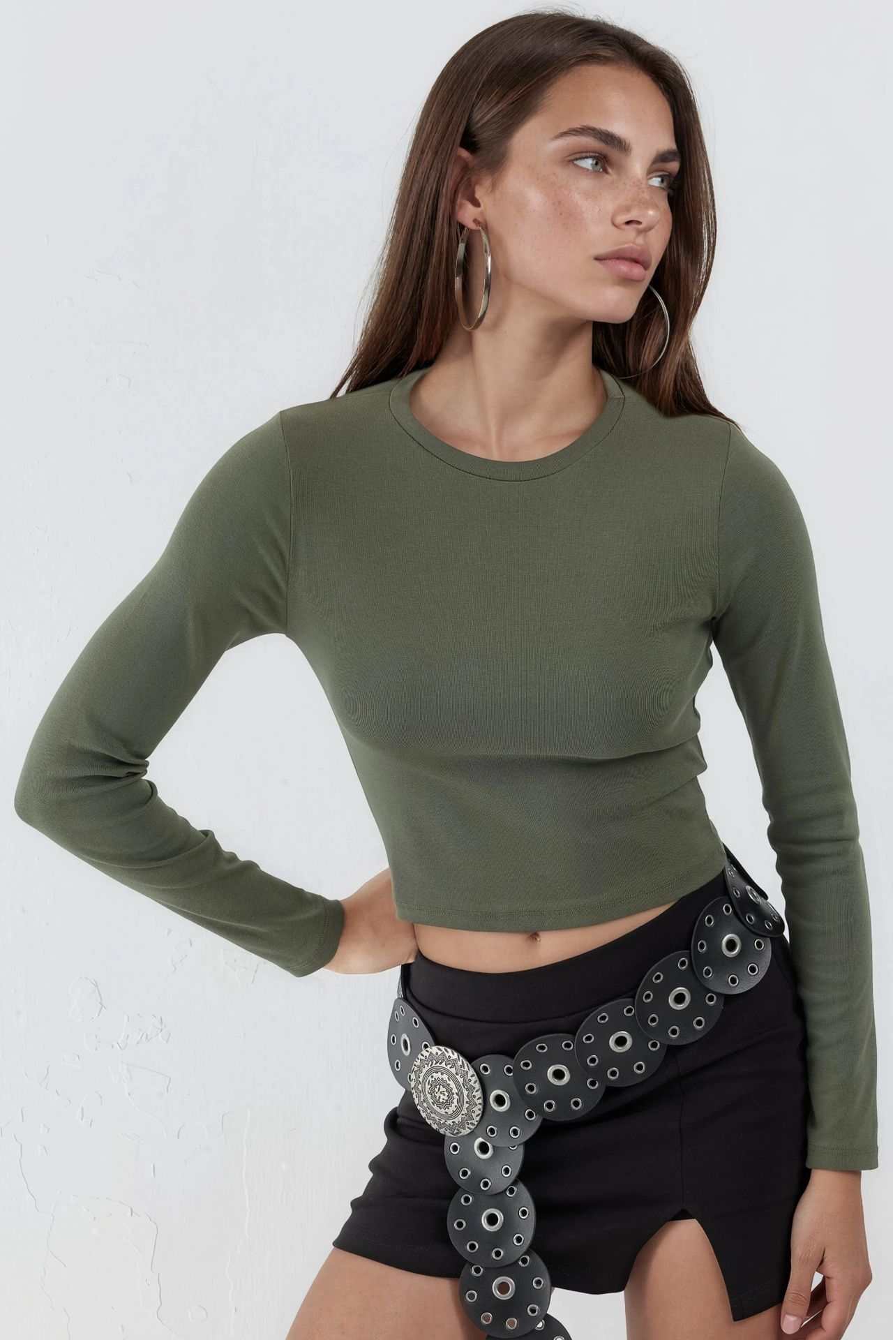 BUSEM Bisiklet Yaka Uzun Kollu Crop Üst 1