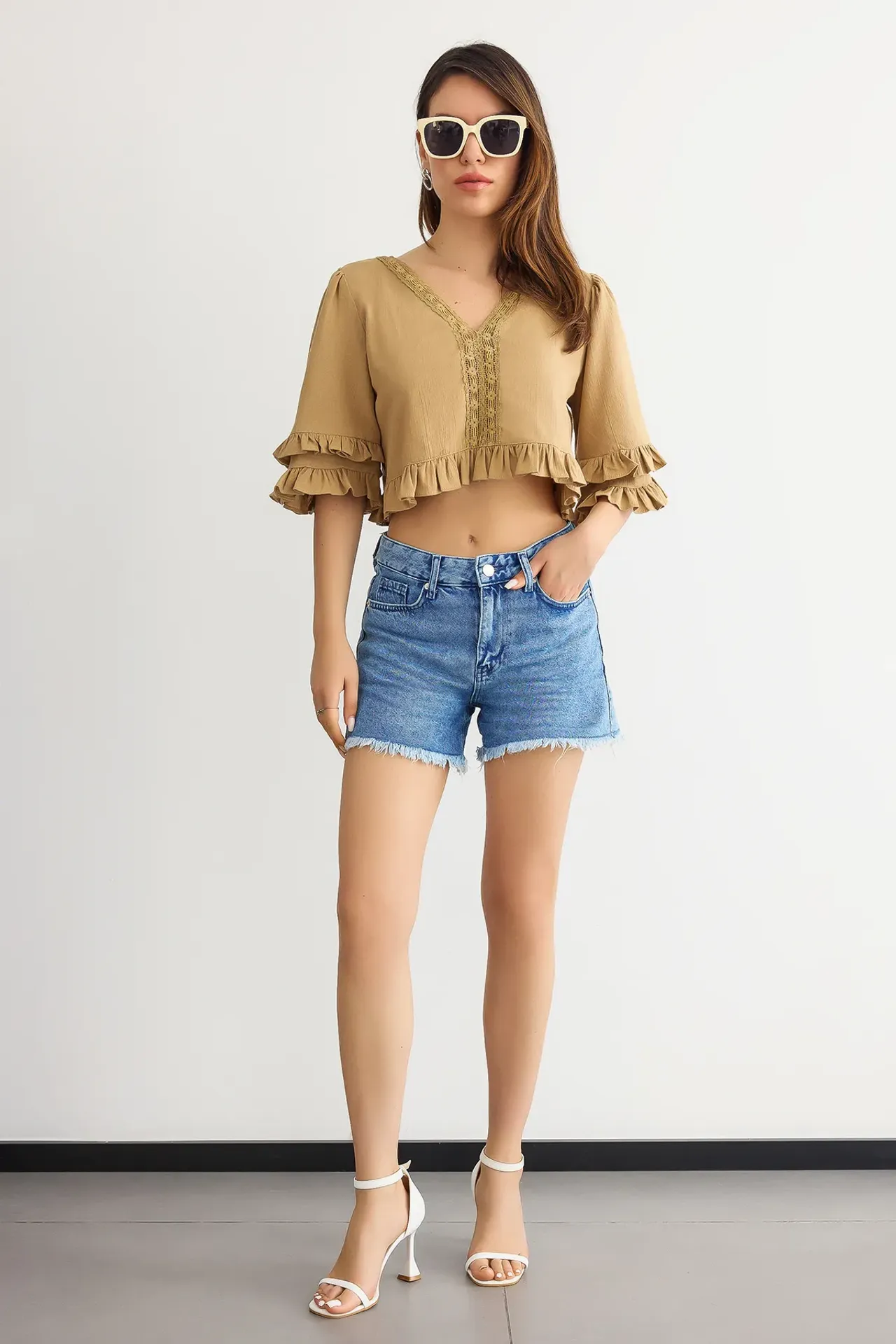 Cropped V-Neck Ruffled Blouse