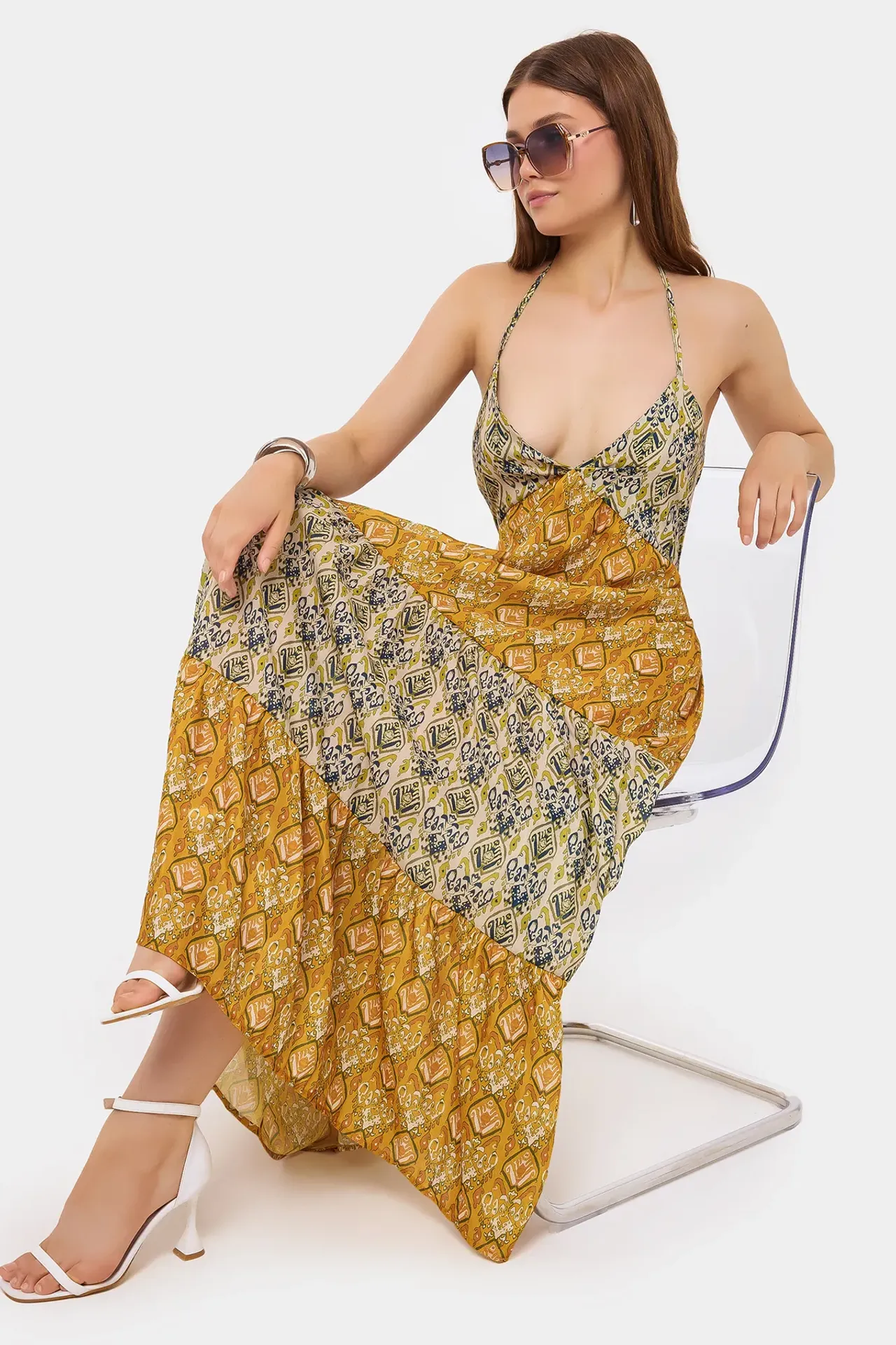 Patterned Maxi Dress with Tie-Back