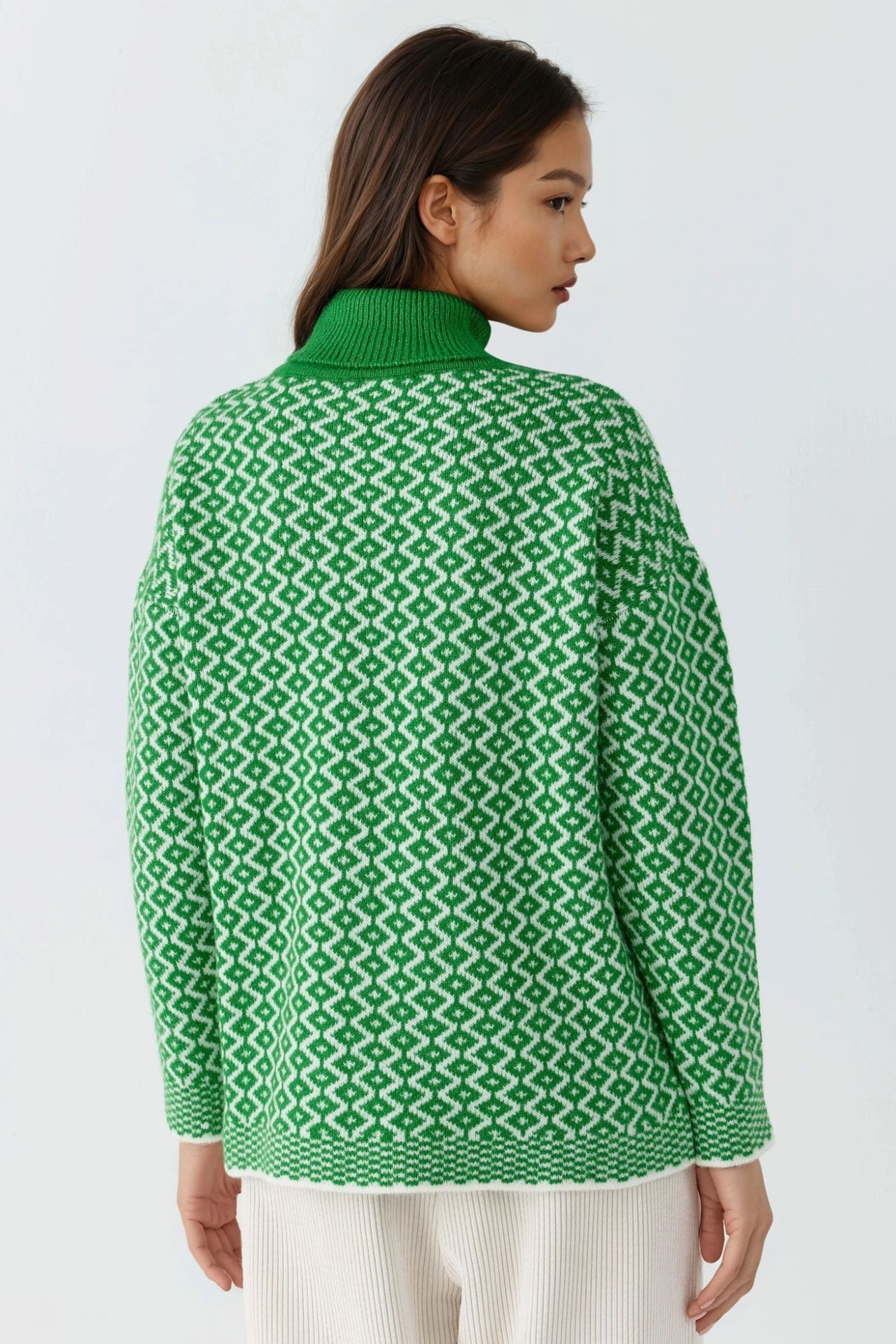 MY FASHION Long Turtleneck Geometric Pattern Ribbed Sweater 3