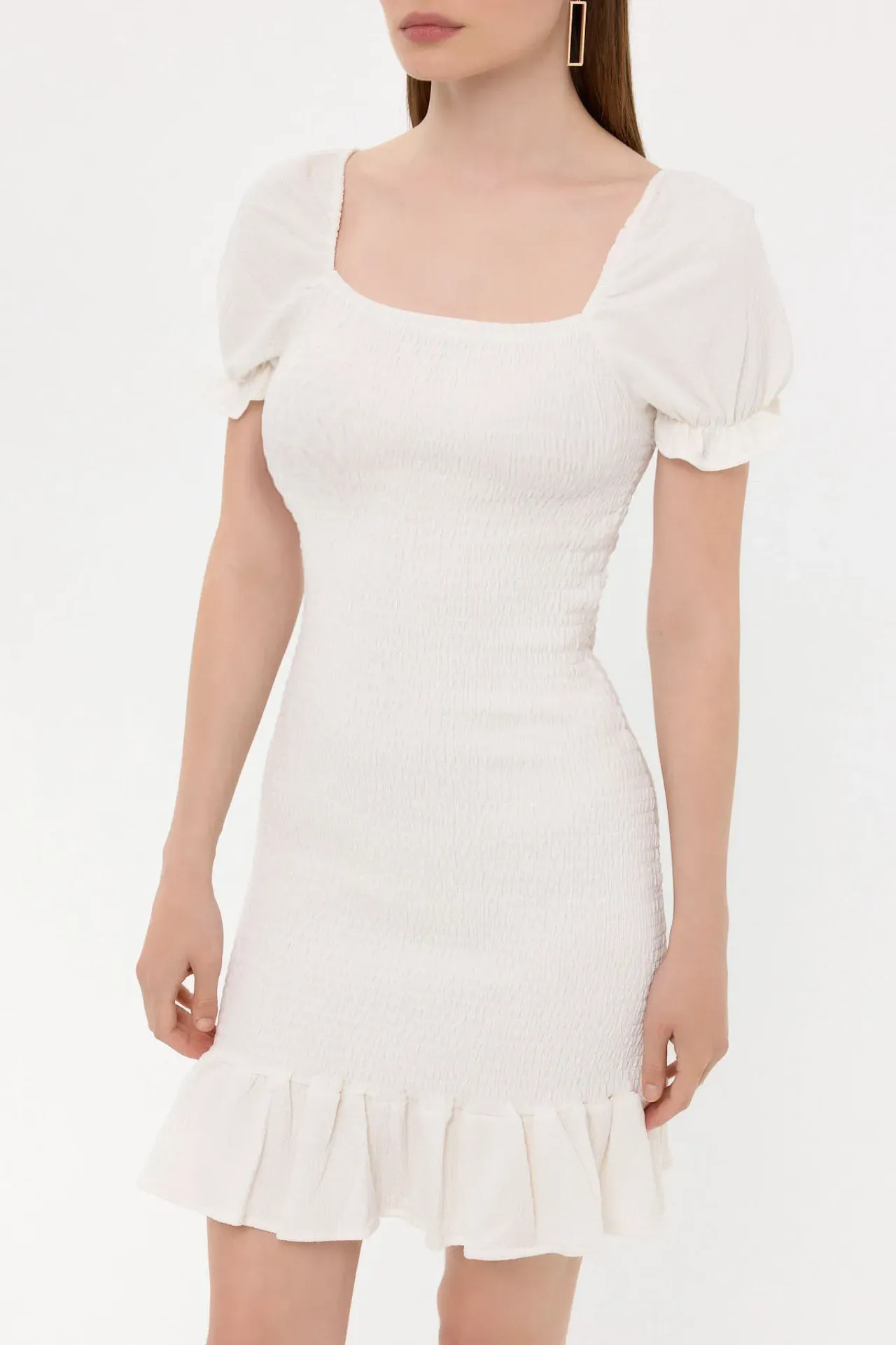 Ribbed Ruffled Square Neck Mini Dress with Balloon Sleeves