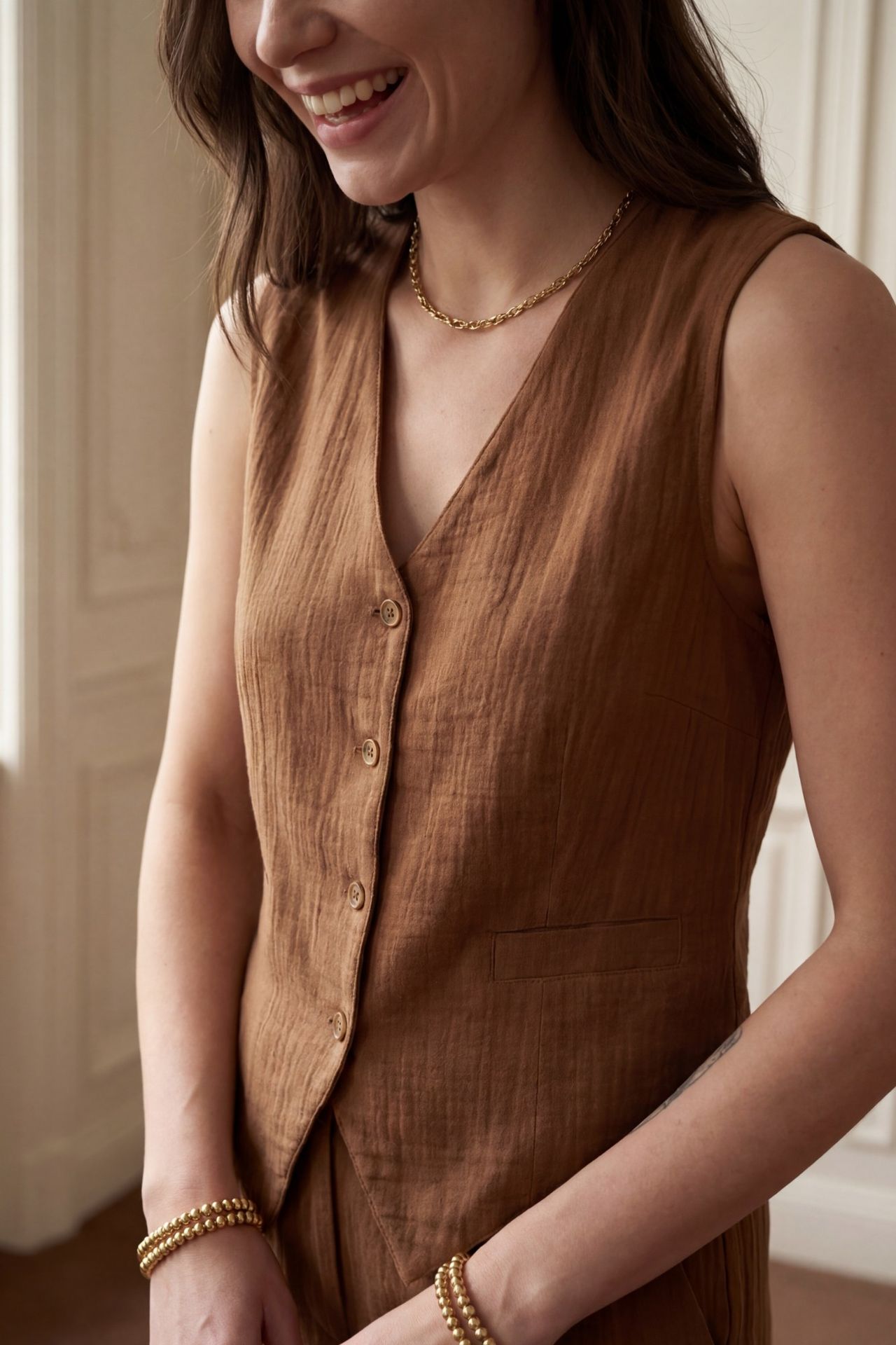  MY FASHION Textured Cotton V-Neck Vest & Pants Two-Piece Set 2