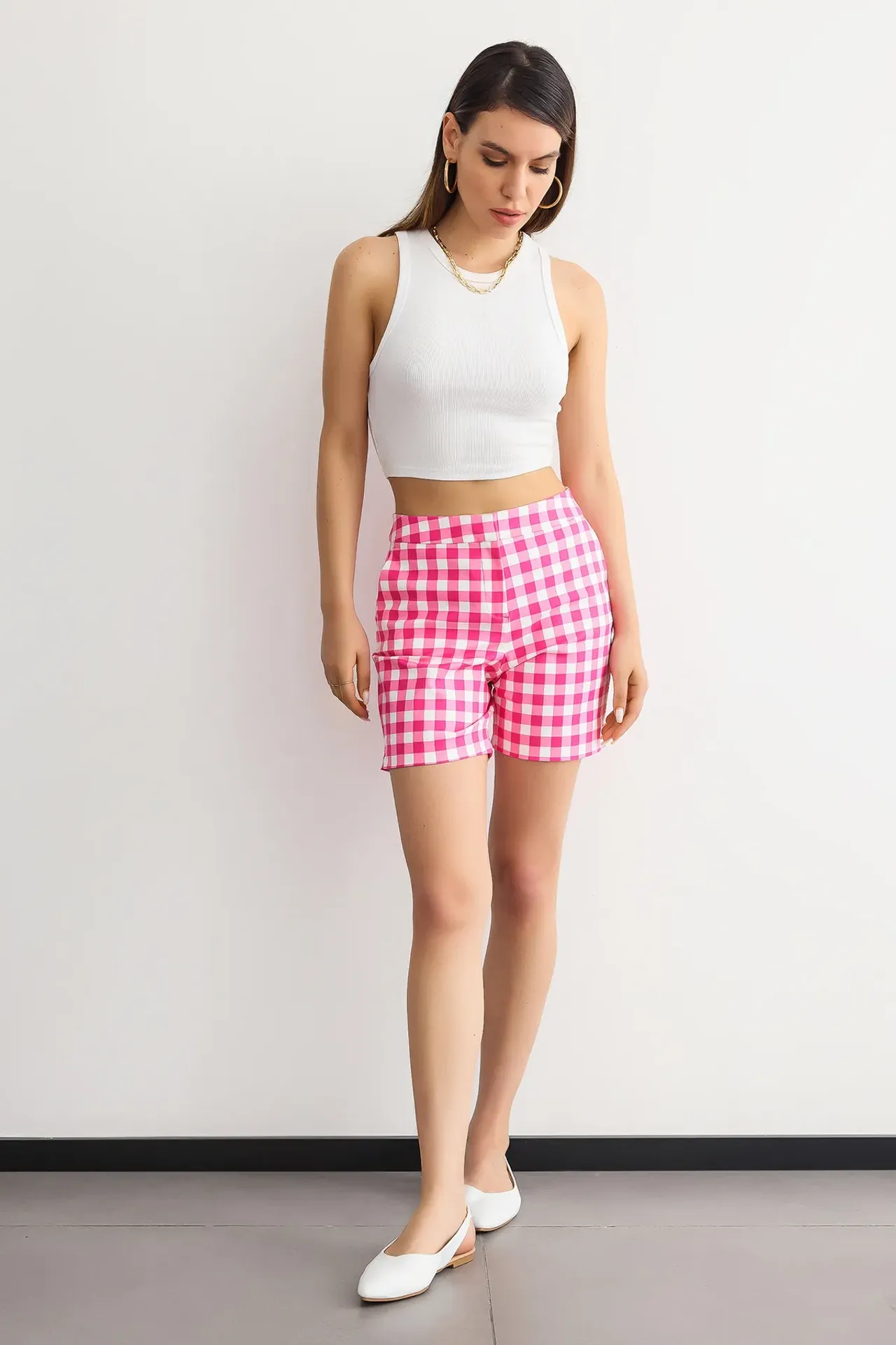 Checked High-Waist Elastic Waist Shorts