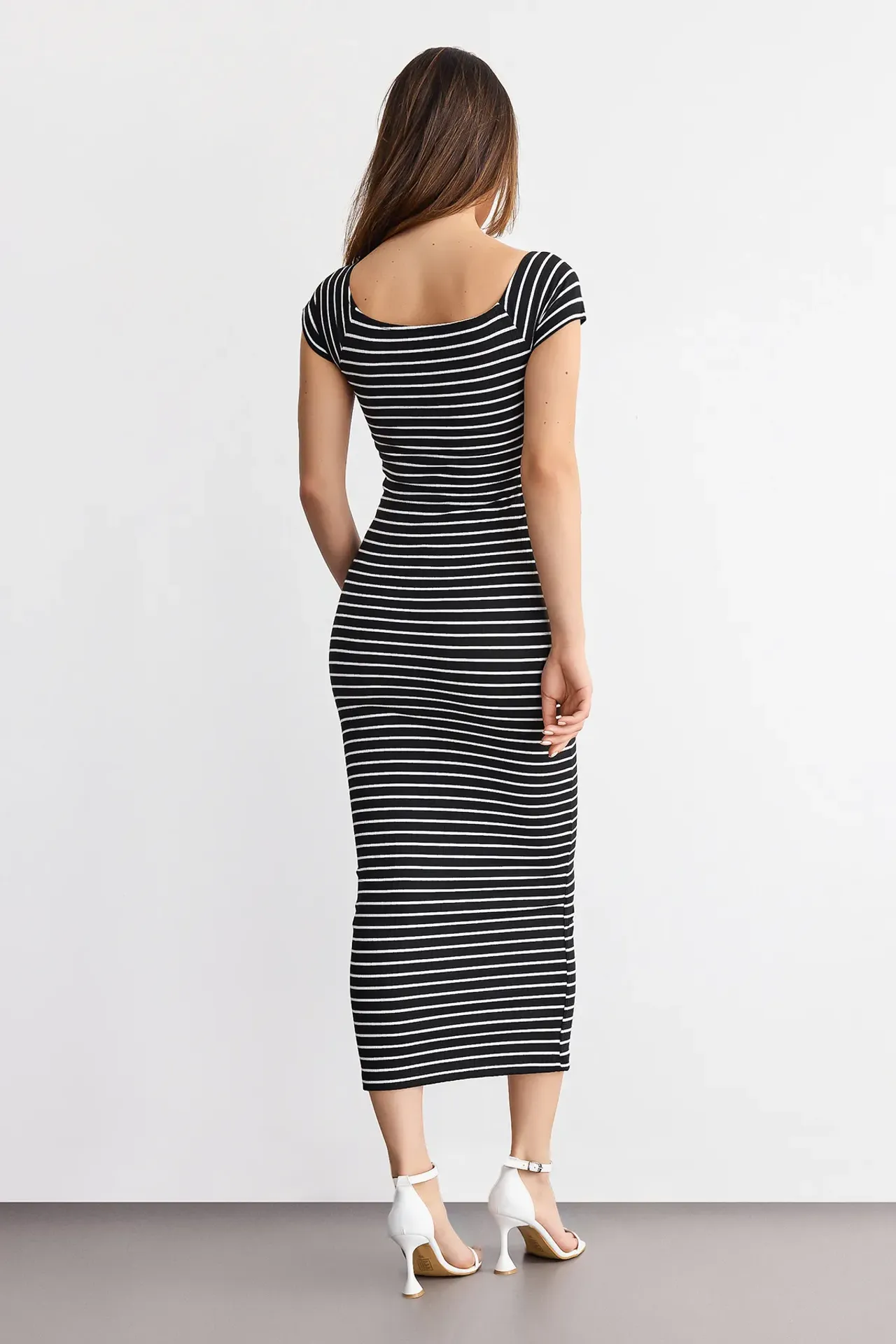 Striped Bodycon Midi Dress with Boat Neck