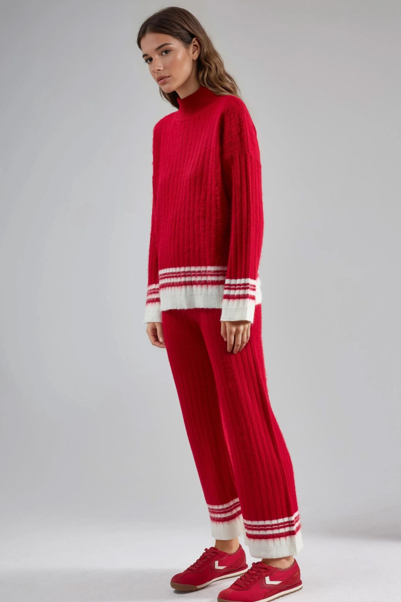 MY FASHION Striped Ribbed Knit Co-Ord Set with Half Turtleneck 4