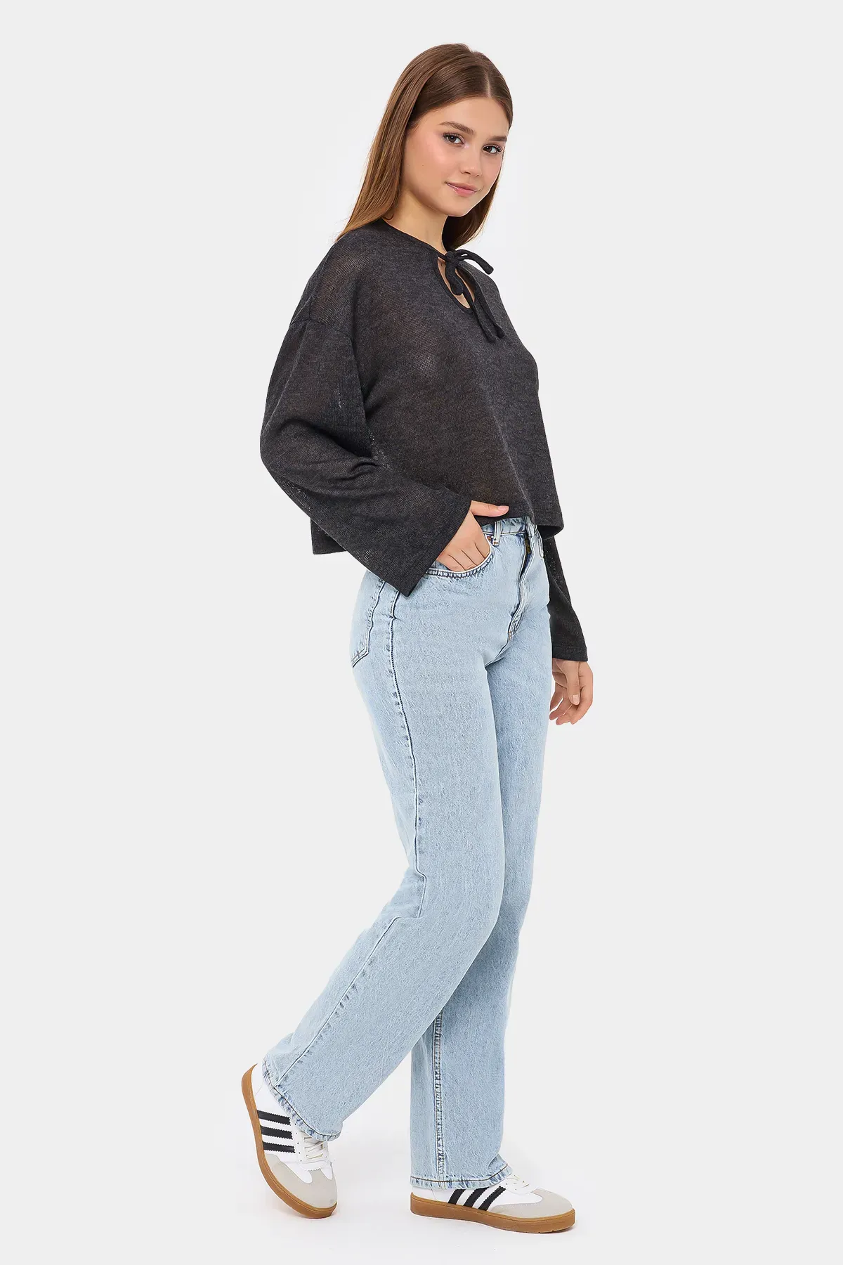 Knitted Loose Fit Round Neck Blouse with Tie-Up Detail 3