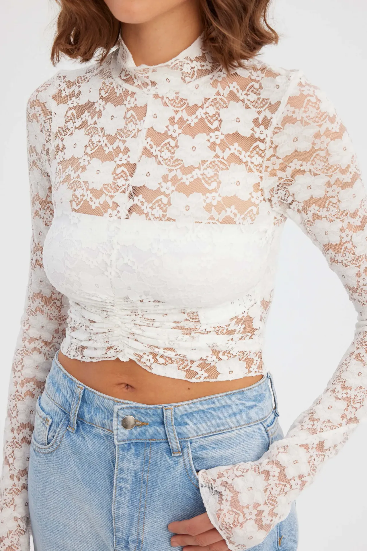 Floral Lace High Neck Long Sleeve Cropped Top