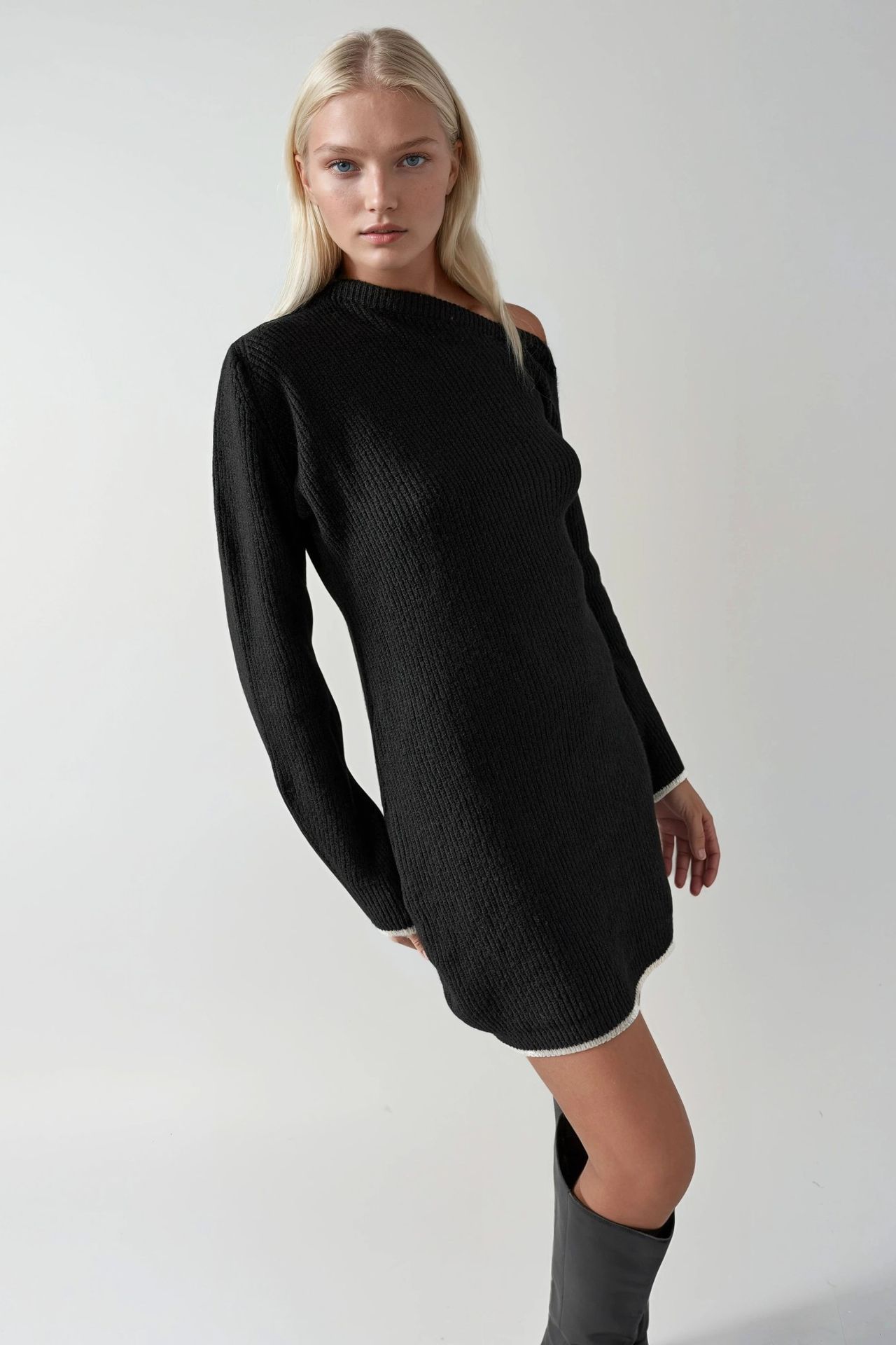 MY FASHION Asymmetrical Collar Ribbed Knit Dress 5