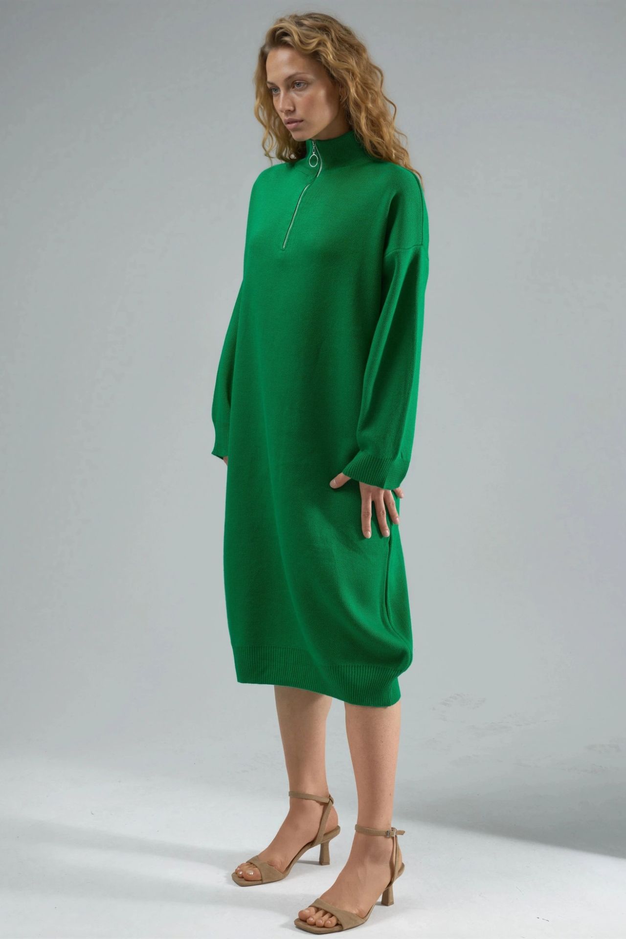 MY FASHION Ribbed Knit Midi Dress with Zipper Collar 2