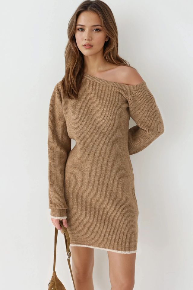 MY FASHION Asymmetrical Collar Ribbed Knit Dress