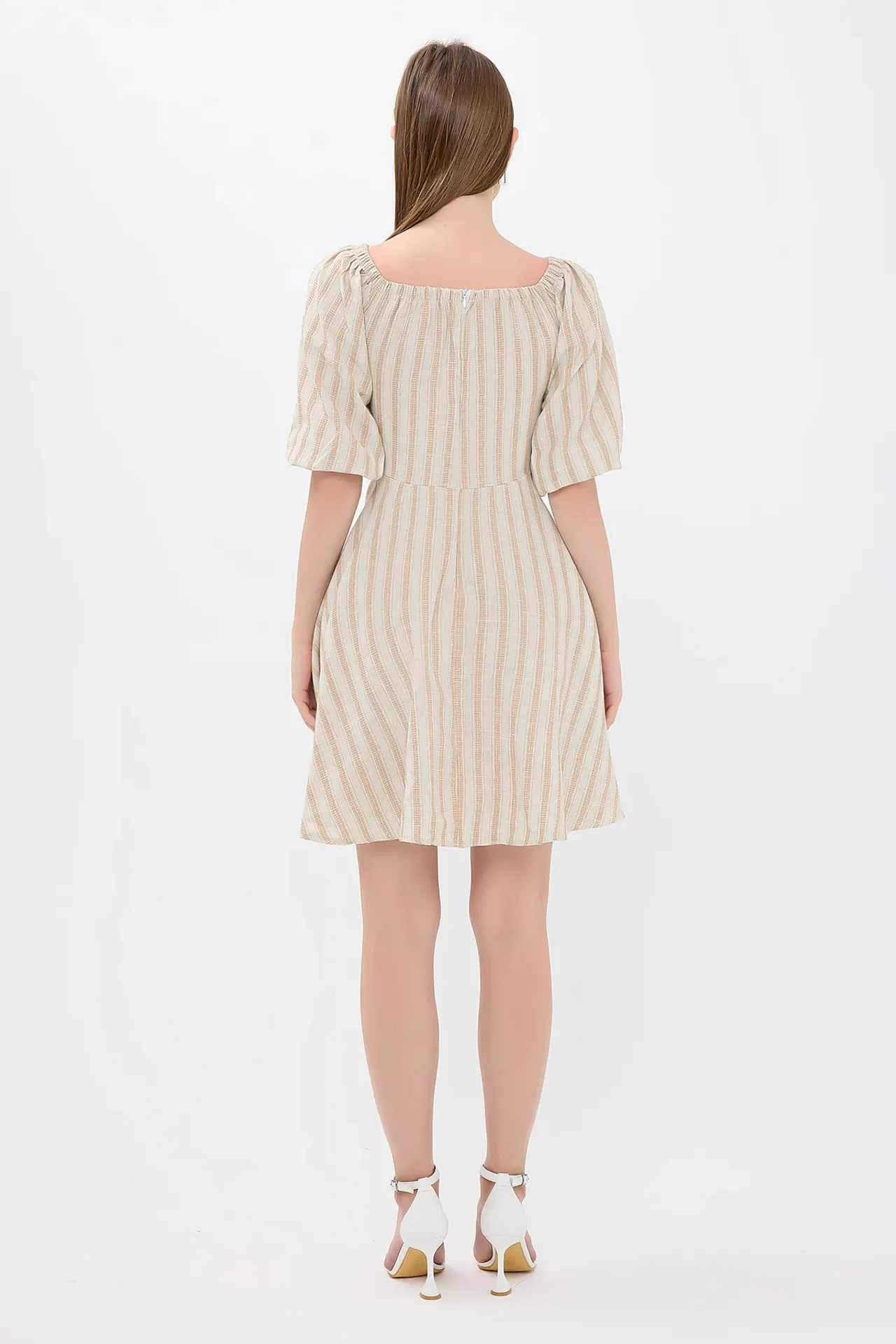 Striped Off Shoulder Balloon Sleeves Mini Dress