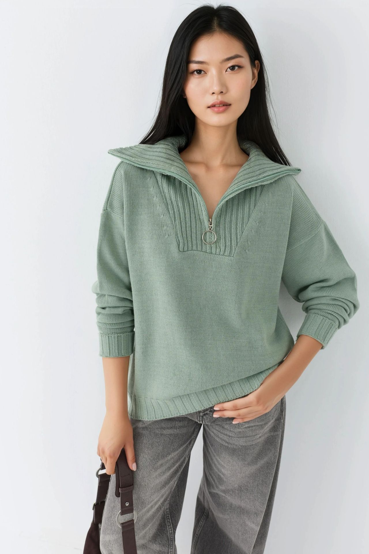MY FASHION Oversized Ribbed Knit Sweater with Zipper Collar 1
