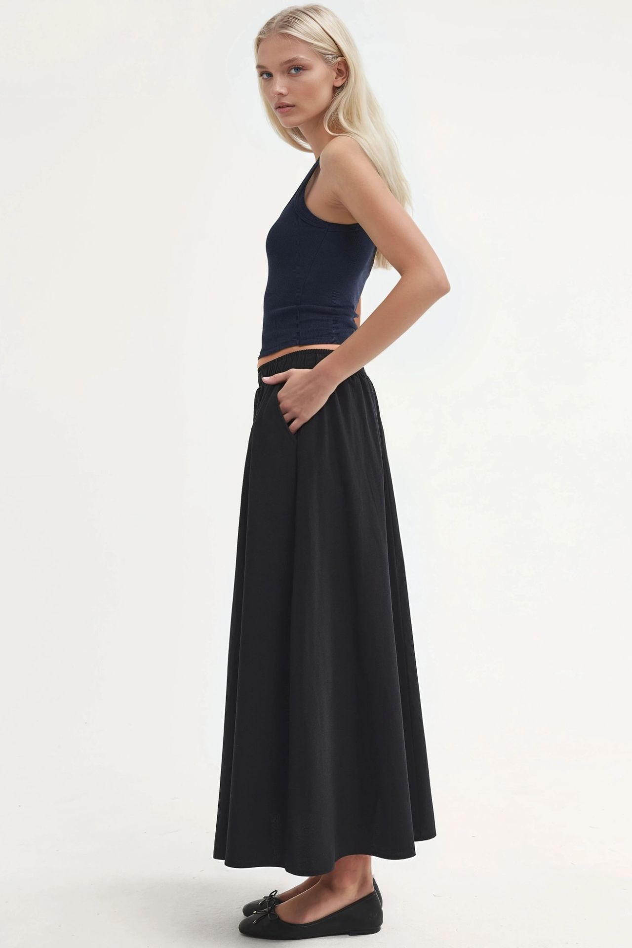BUSEM Elastic Waist Midi Skirt with Pockets 3