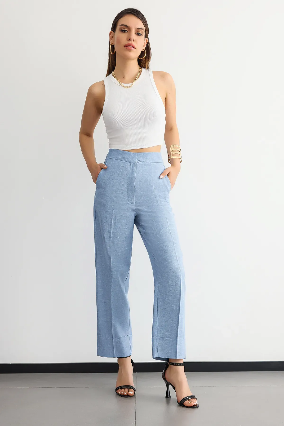 High Waist Linen Straight-Leg Trousers 1
