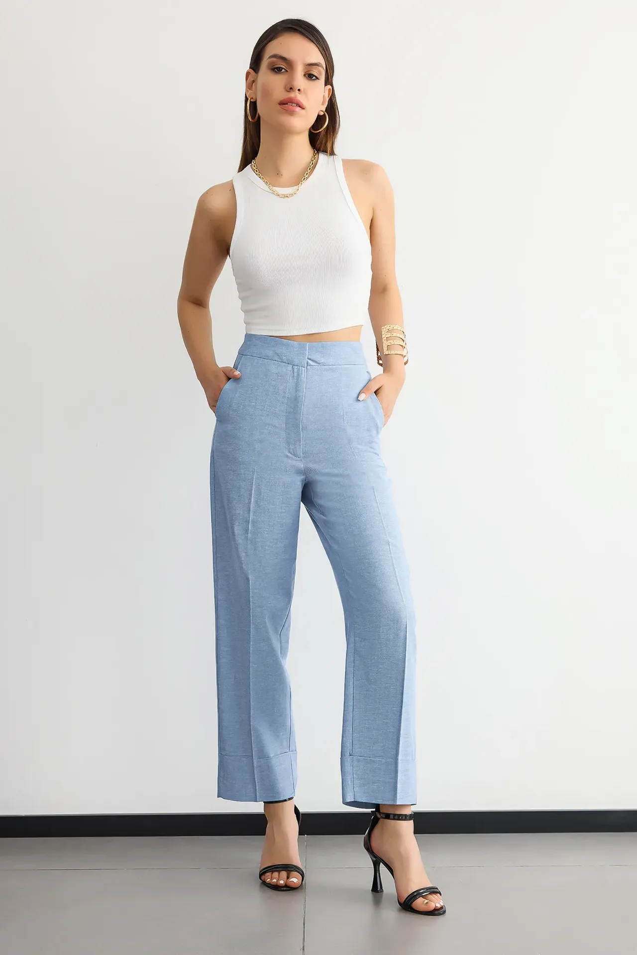 High Waist Linen Straight-Leg Trousers