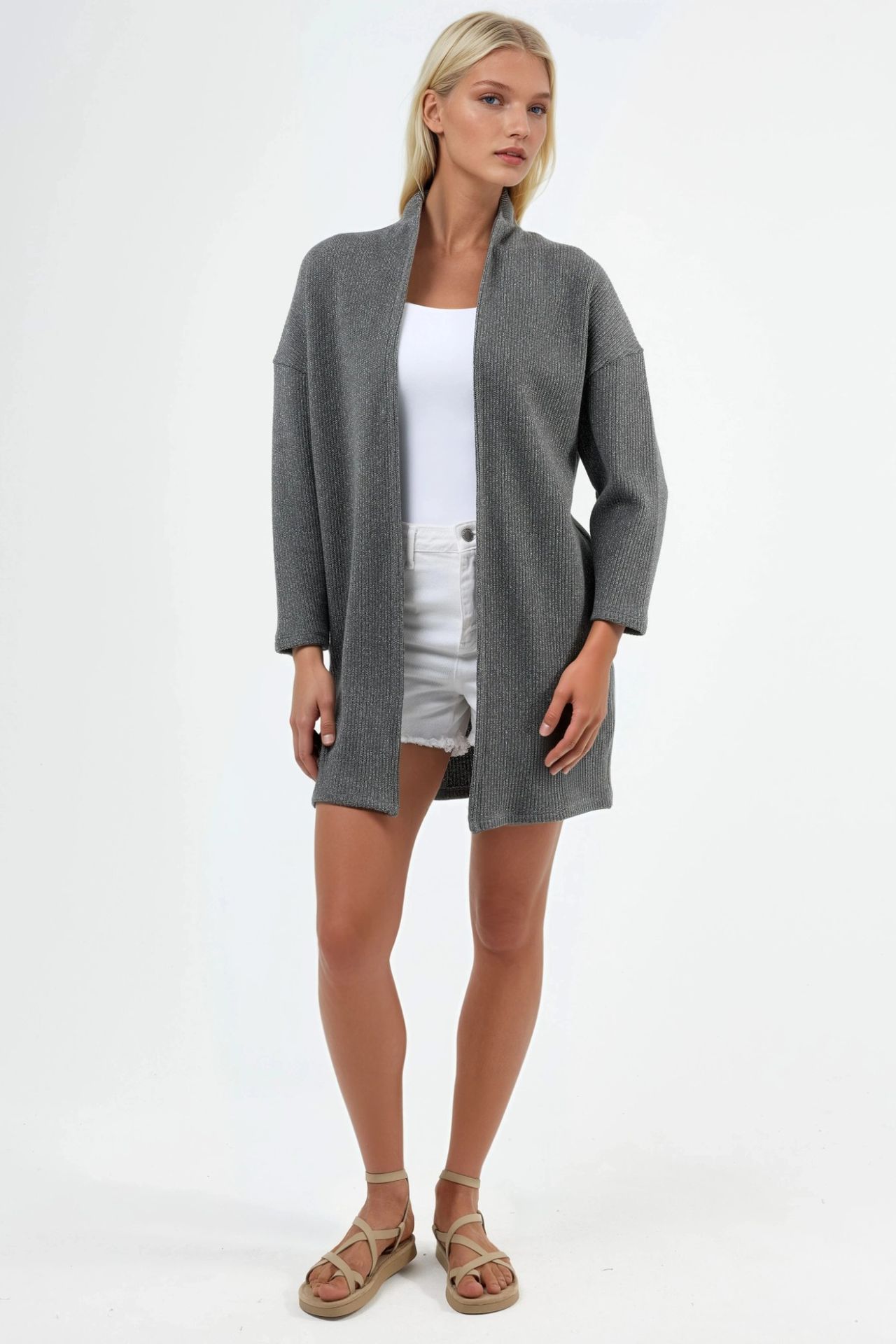 BUSEM Long Ribbed Knit Cardigan with Open Collar 5
