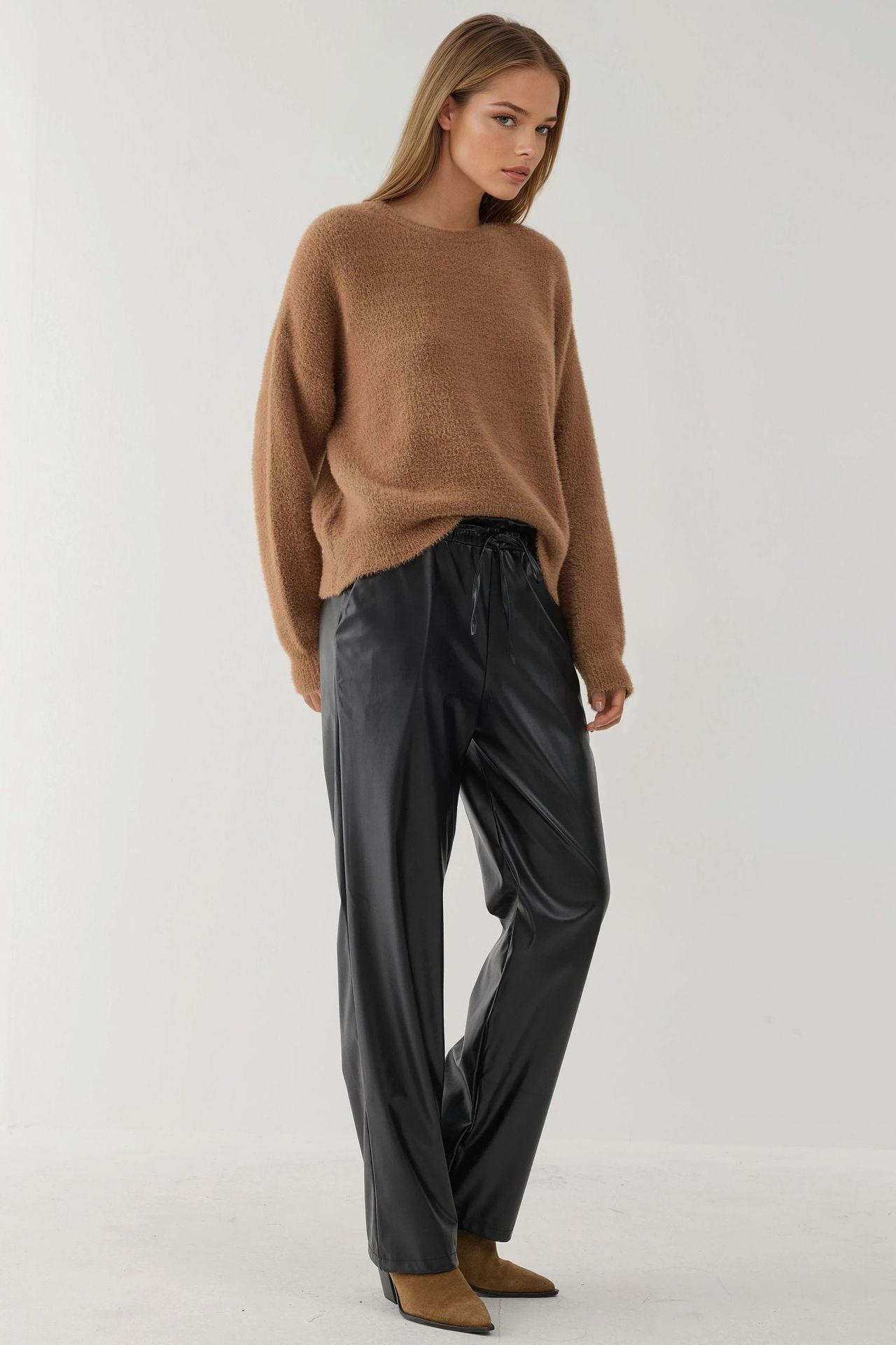 Faux Leather Elastic Waist Straight Leg Pants 2