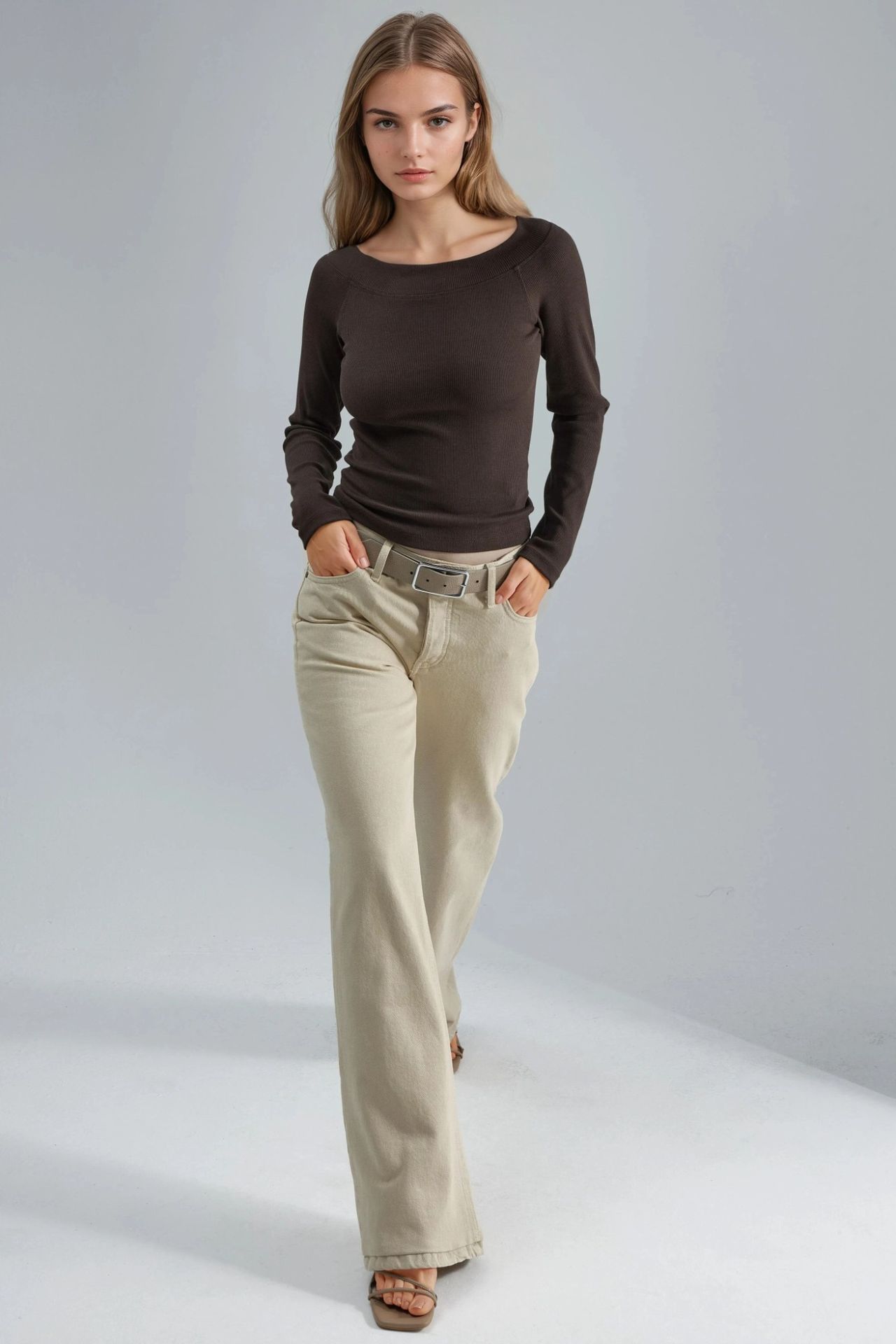 BUSEM Slim Fit Ribbed Boat Neck Blouse
