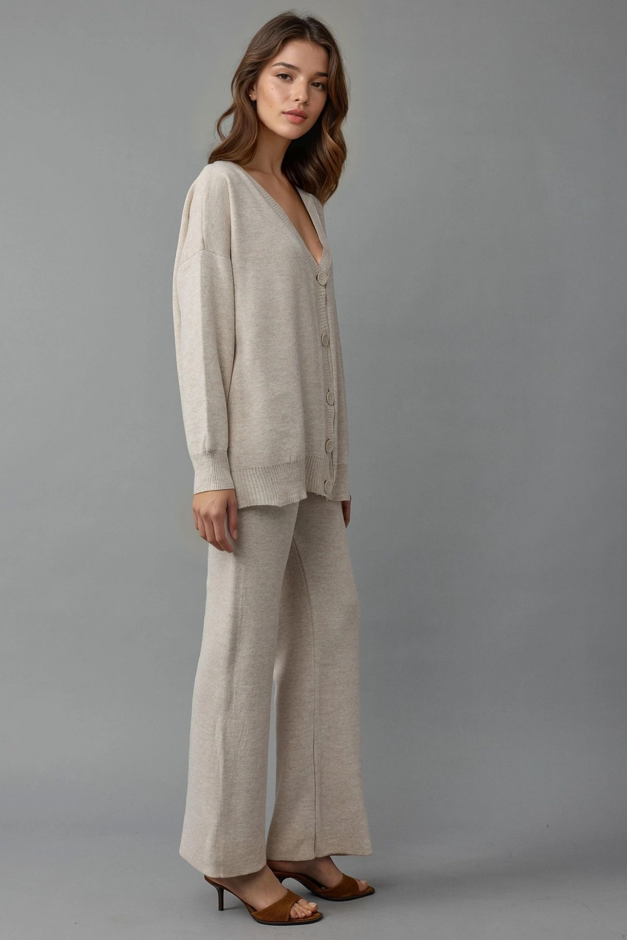 MY FASHION V-Neck Cardigan and Wide Leg Pants Knitwear Set 2