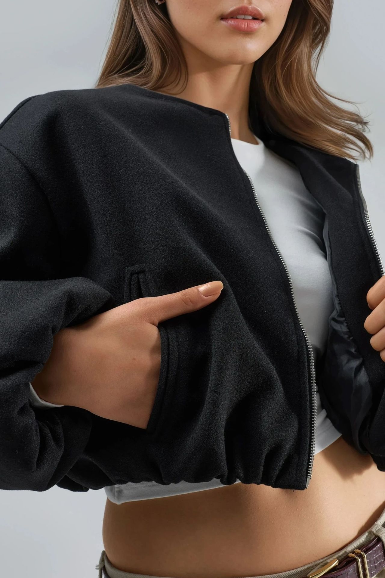 BUSEM Crop Gabardine Jacket with Zipper and Pocket