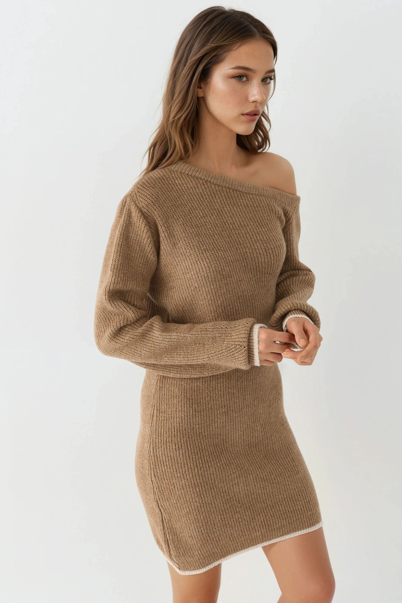 MY FASHION Asymmetrical Collar Ribbed Knit Dress 5