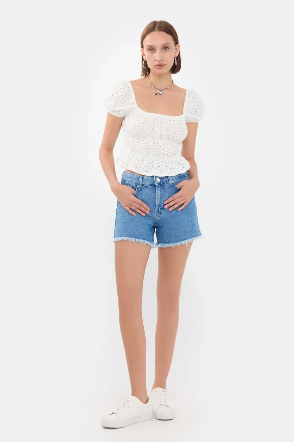 Embroidered Square Neck Short Sleeve Peplum Top