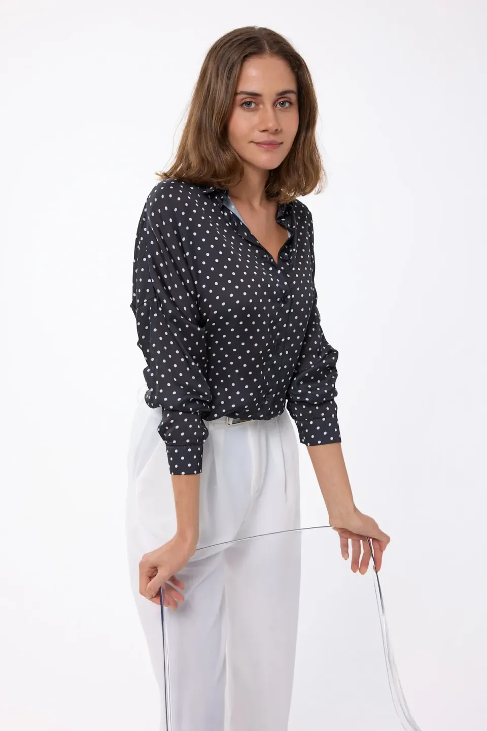 Polka-dot Satin Long Sleeve Shirt