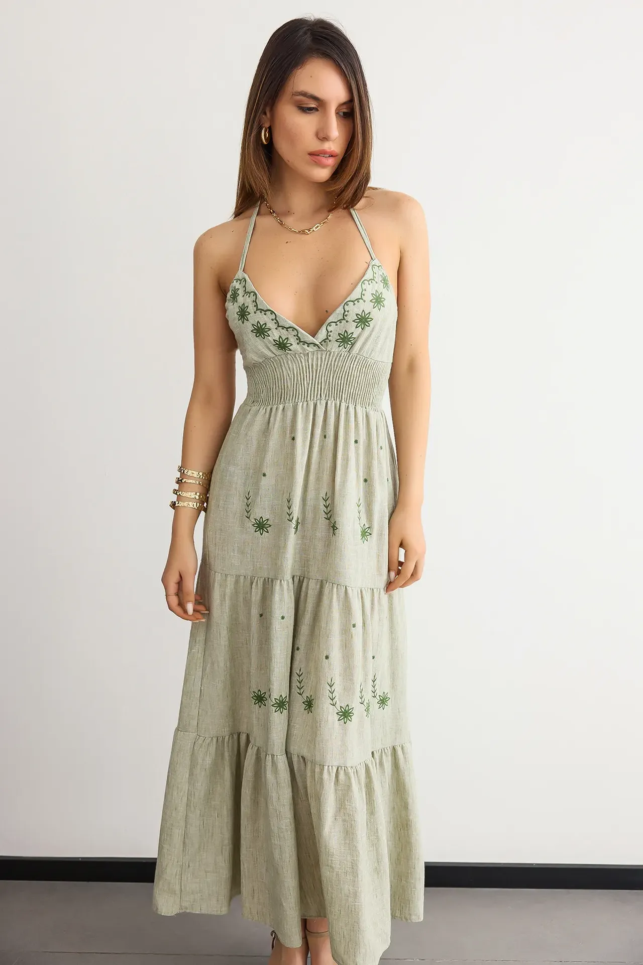 Embroidered Sleeveless Maxi Dress with Smocked Details