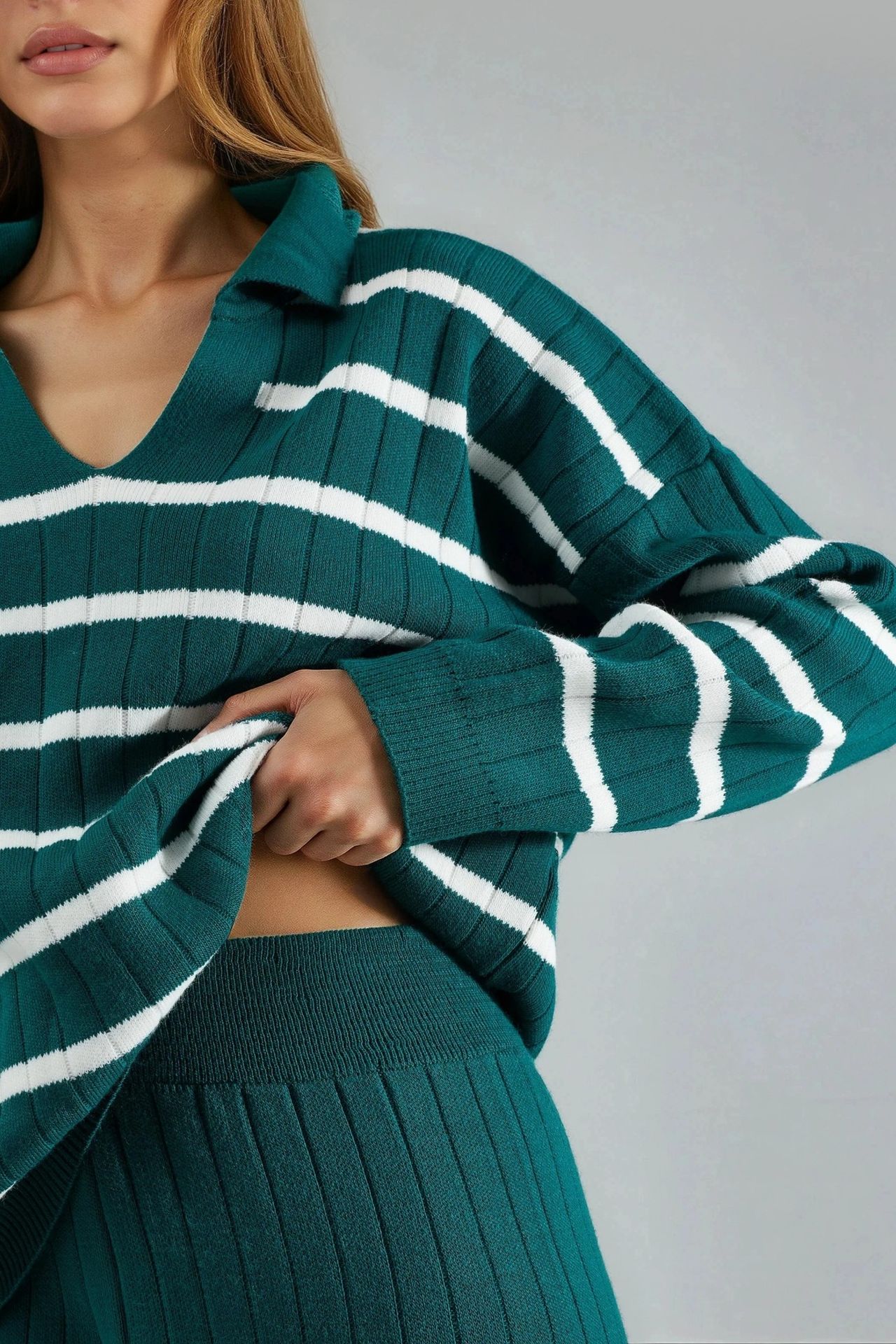 MY FASHION Striped Knit Co-ord Set with Polo Collar 4