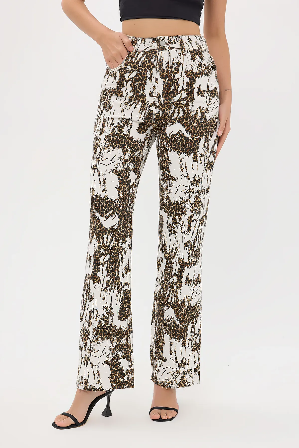 High-Waist Flare Denim Jeans with Animal Print 3