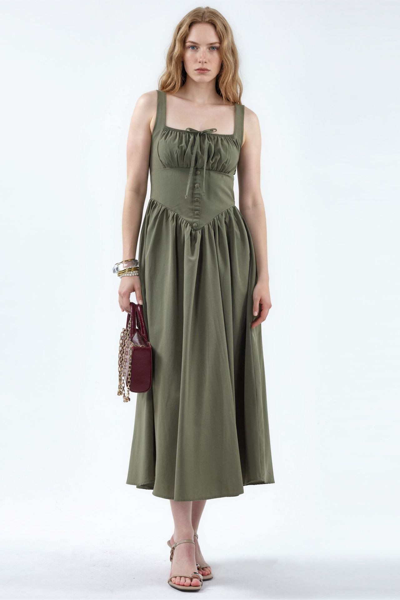 BUSEM Midi Dress with Square Collar and Button Detail 5
