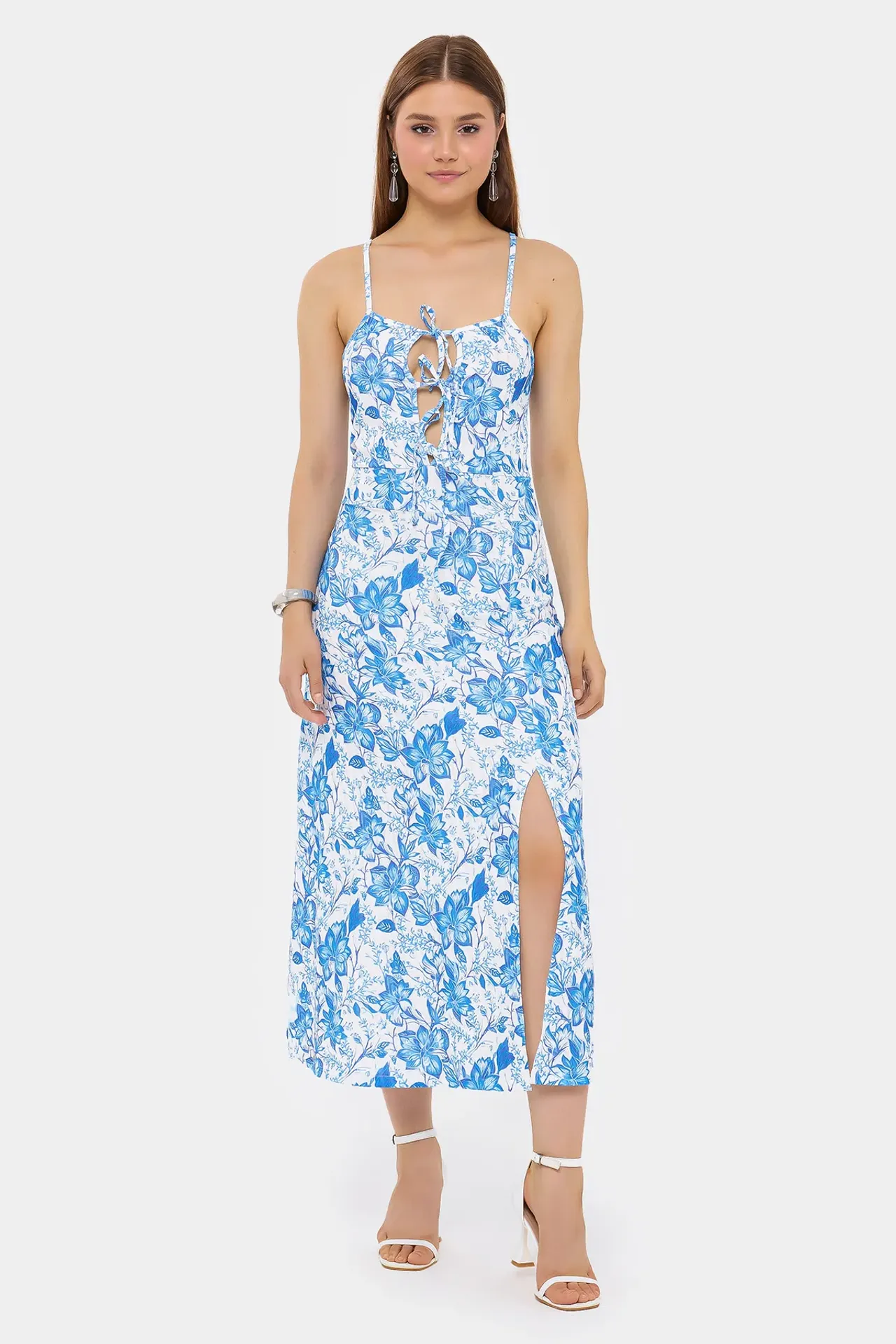 Floral Woven Midi Dress with Tie-Front