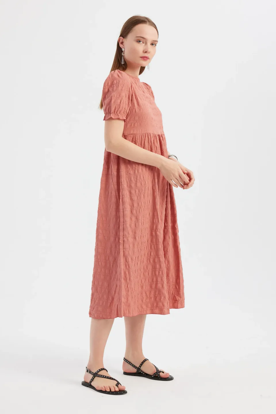 Solid Crew Neck Balloon Sleeve Midi Dress