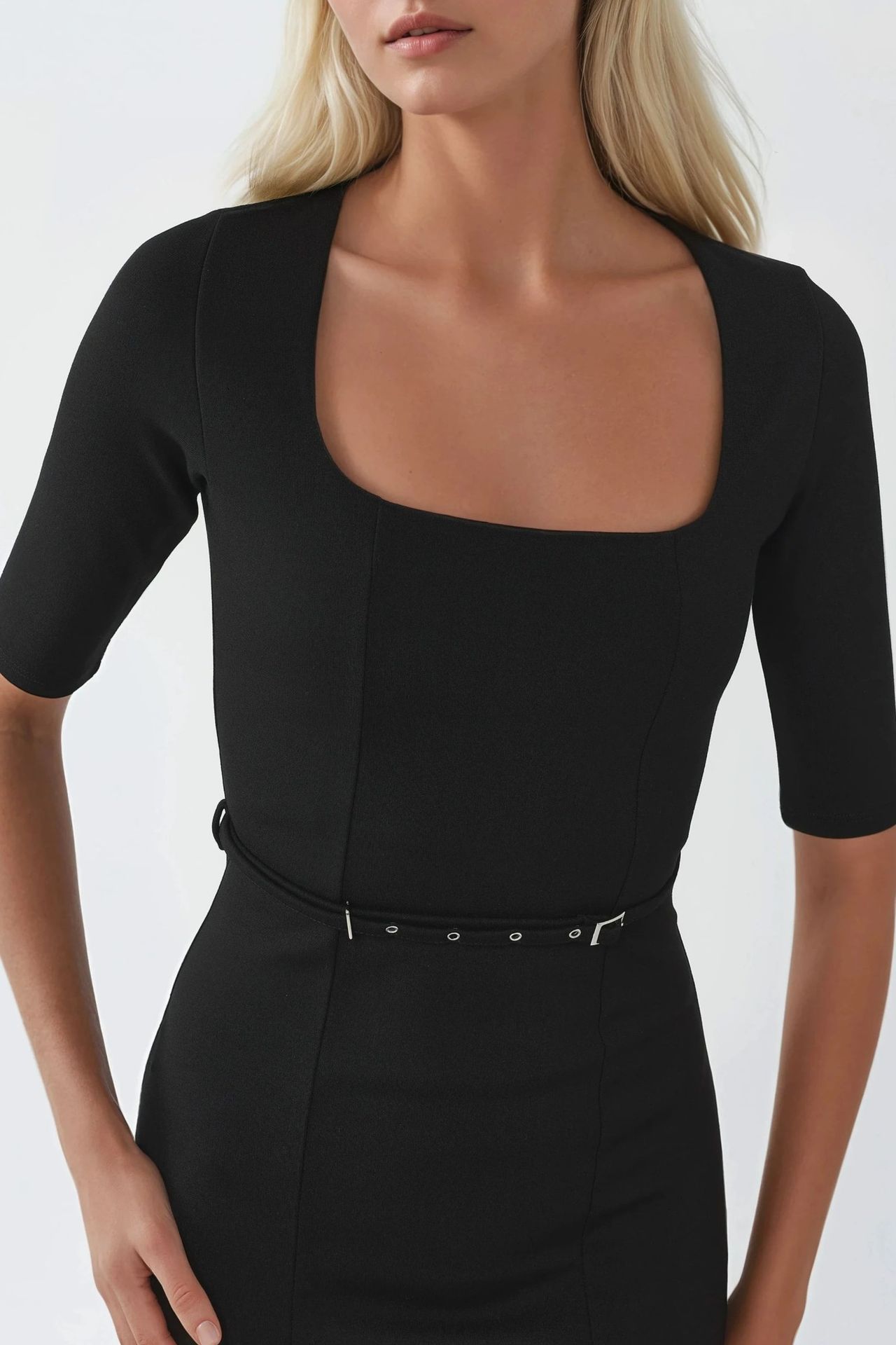 BUSEM Belted Midi Dress with Square Collar