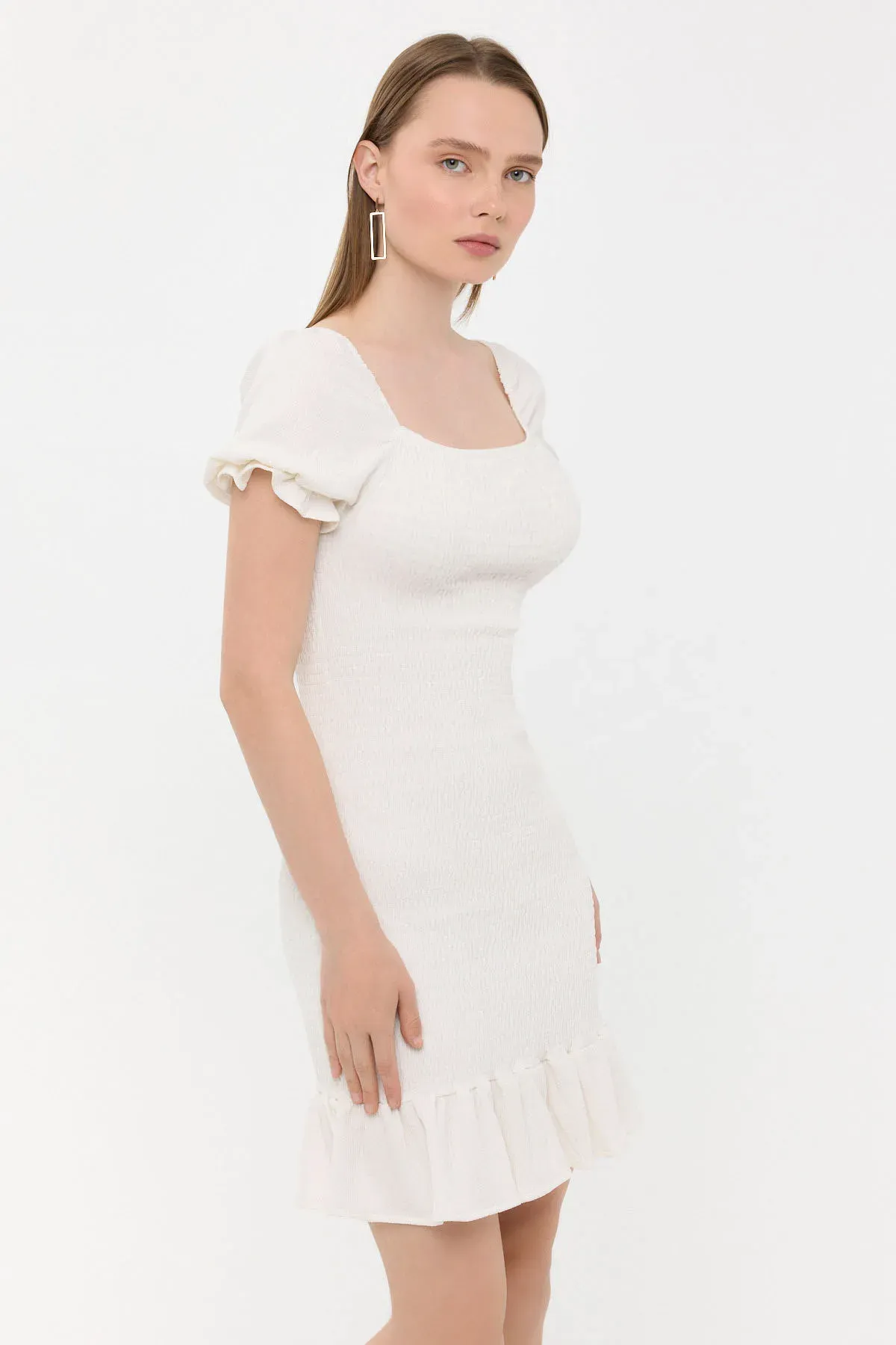 Ribbed Ruffled Square Neck Mini Dress with Balloon Sleeves 1