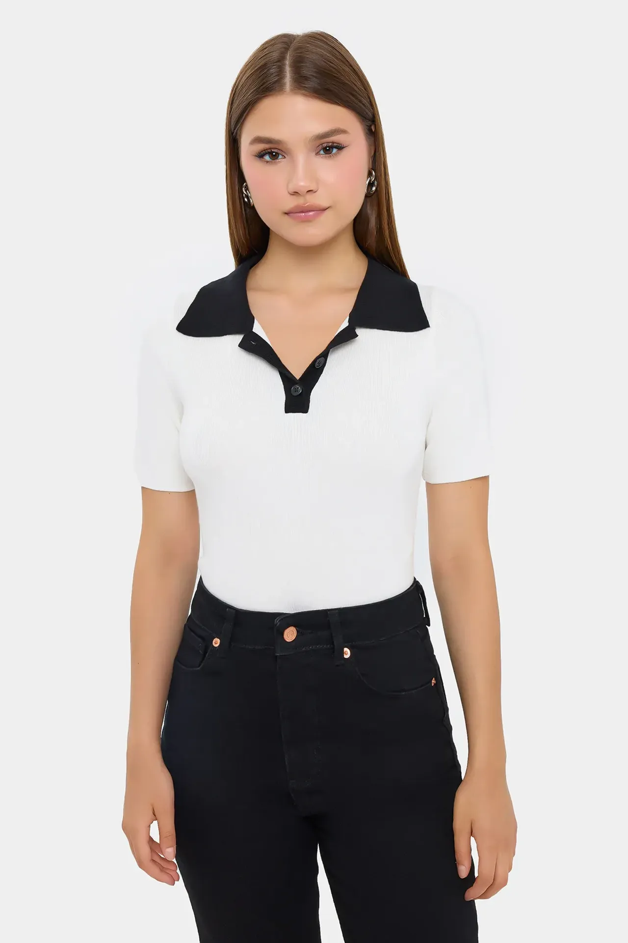 Knitted Polo Collar Cropped Top 