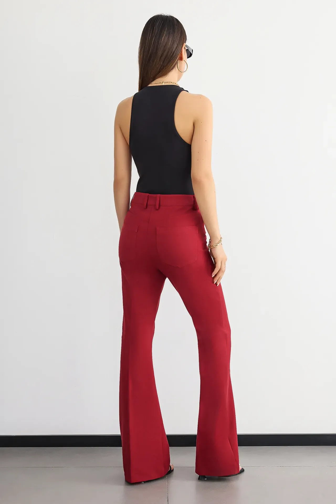 Ribbed Mid Rise Flare Trousers