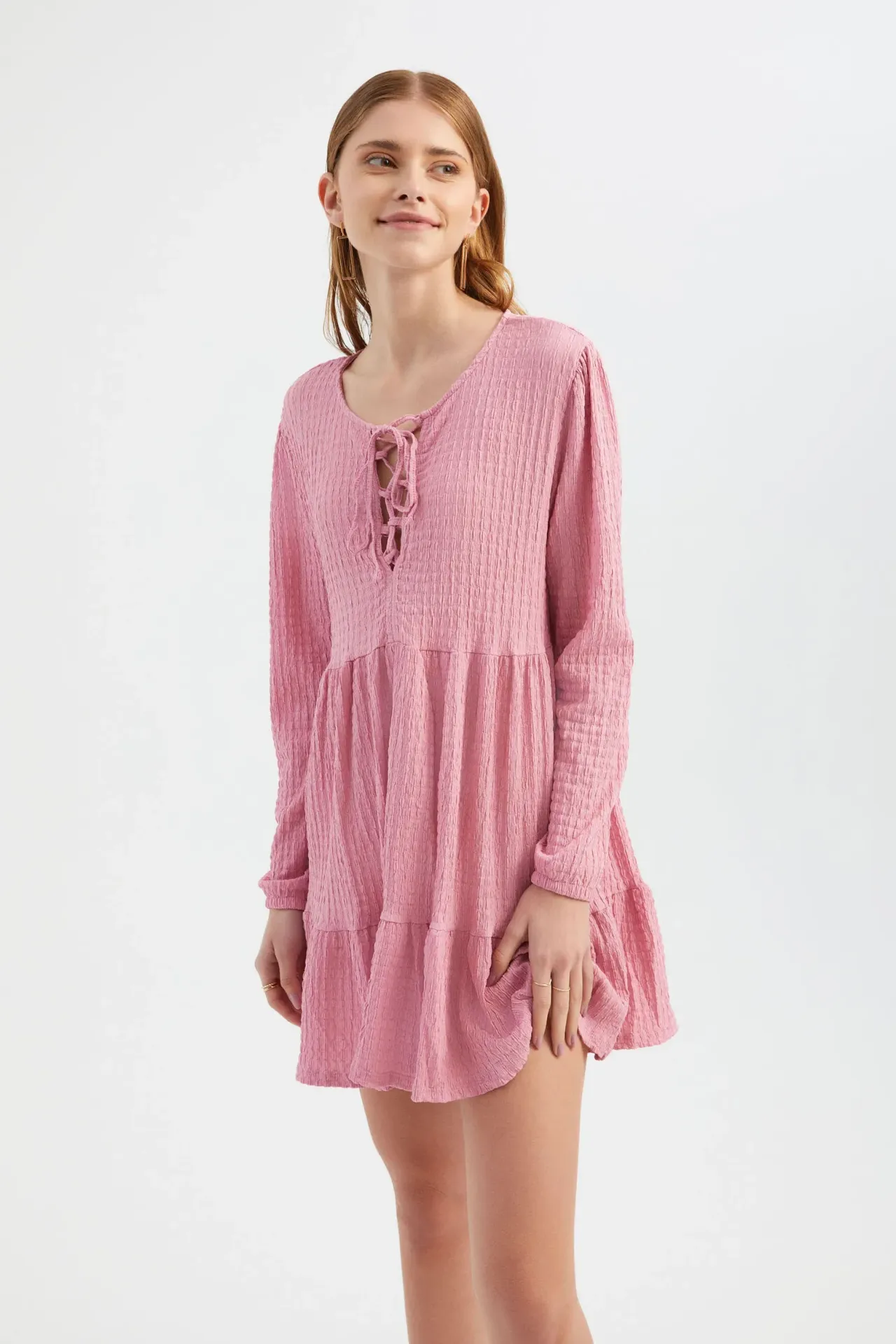 Smocked Round Neck Tie Front Tiered Long Sleeve Mini Dress