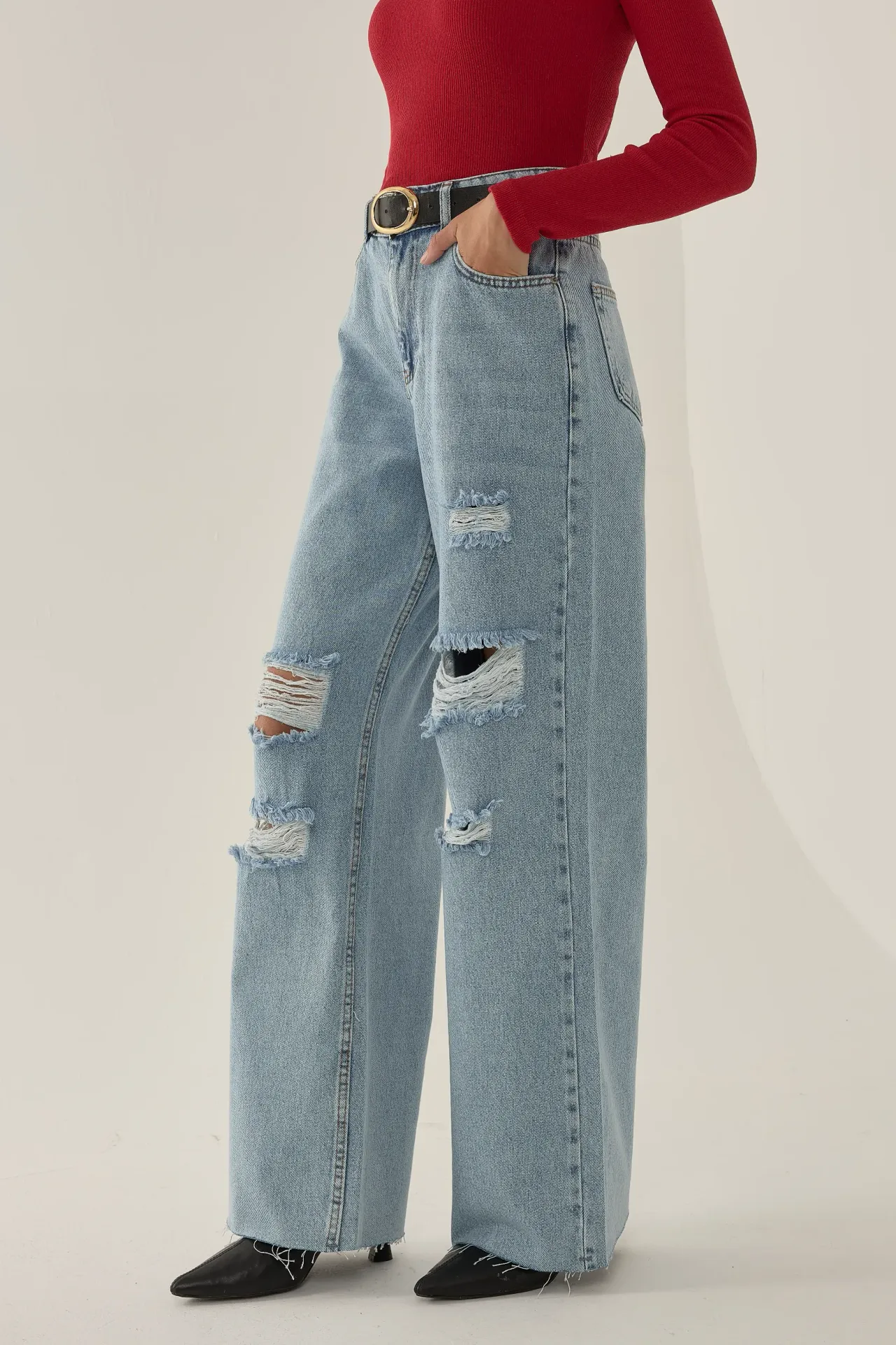 Ripped High Waist Wide Leg Denim Jeans