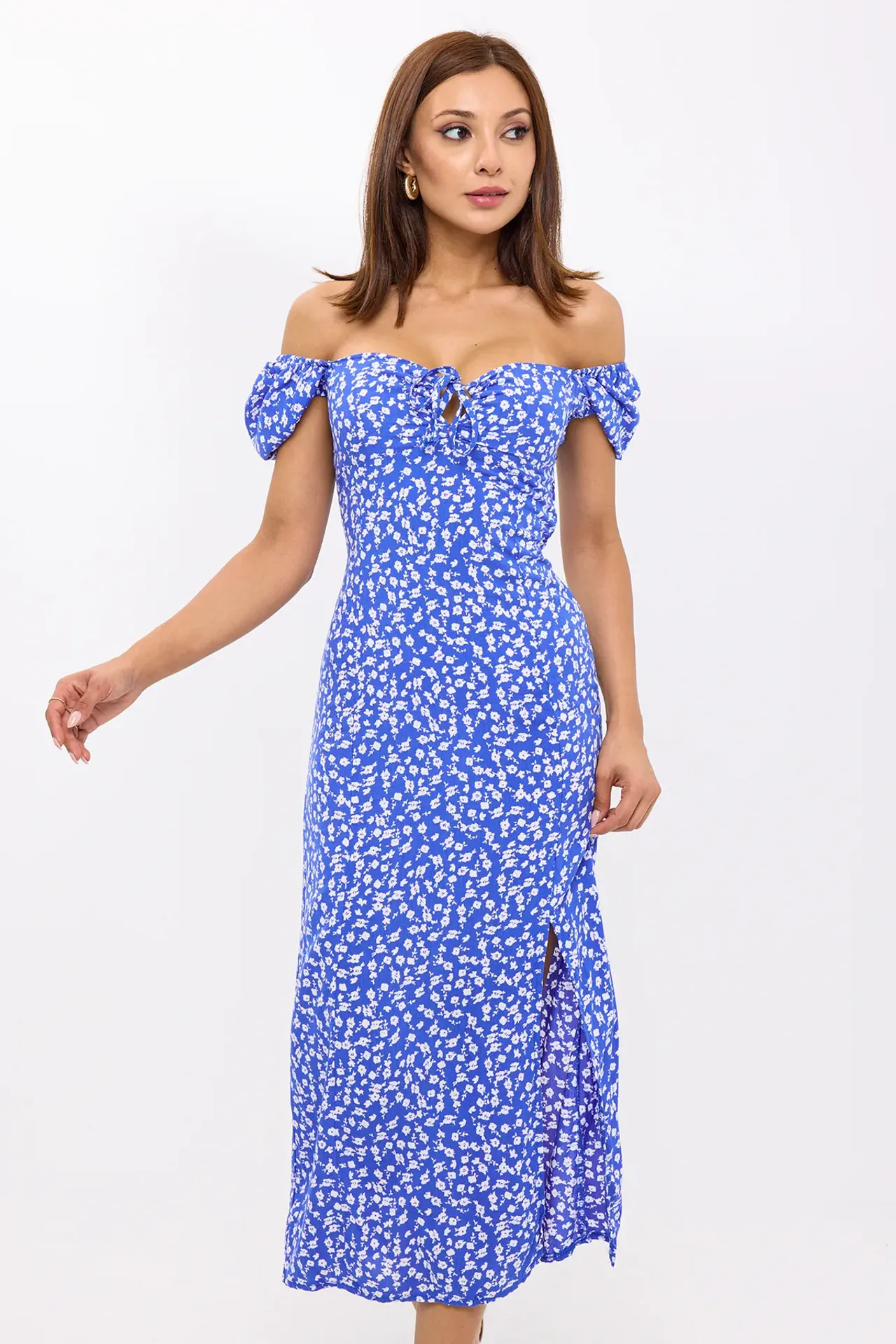 Floral Off Shoulder Side Slit Midi Dress