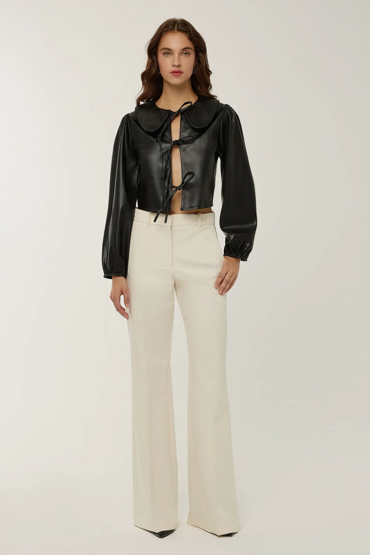 Faux Leather Long Sleeve Blouse with Bow 1