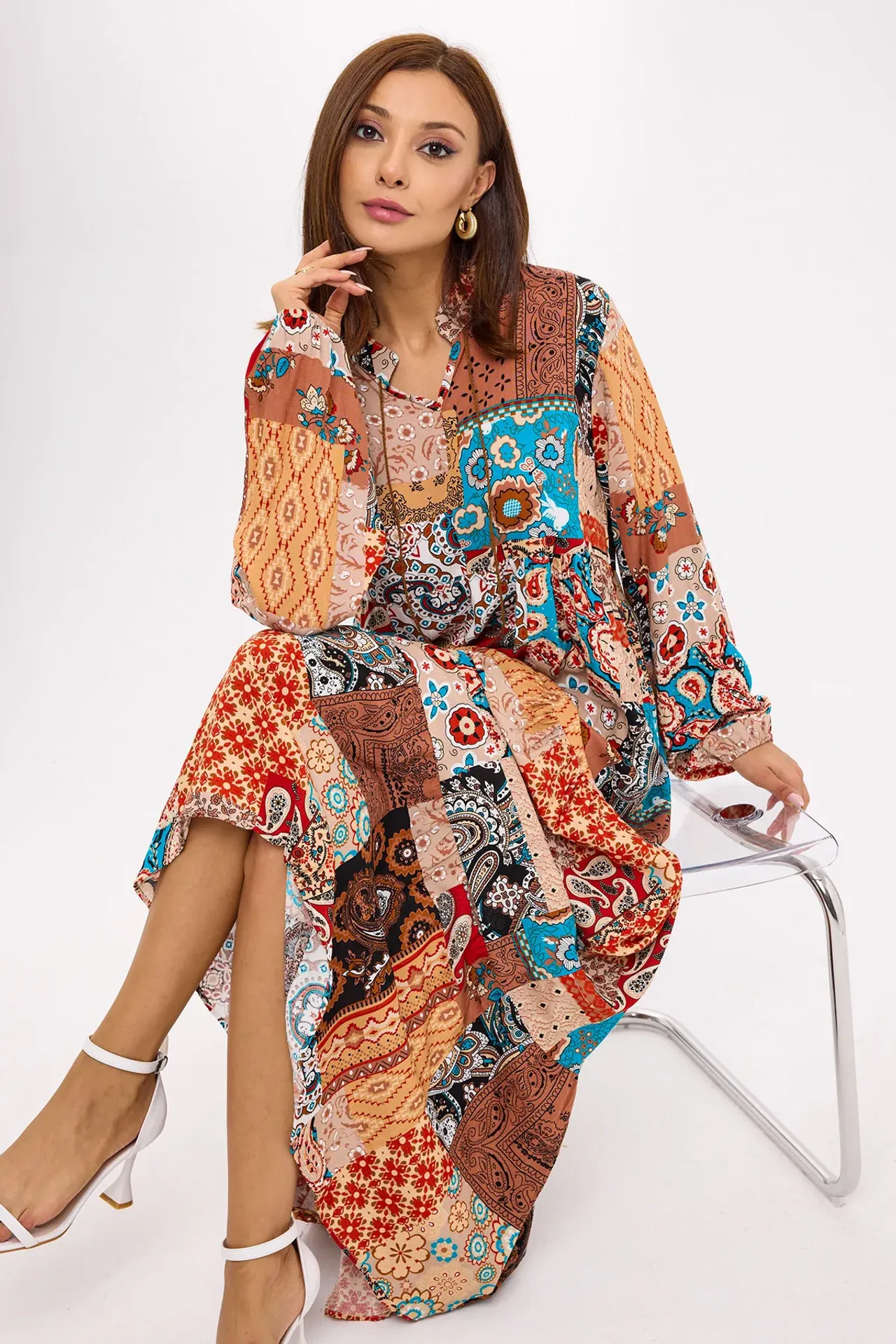 Abstract Tie-Front Maxi Tunic Dress