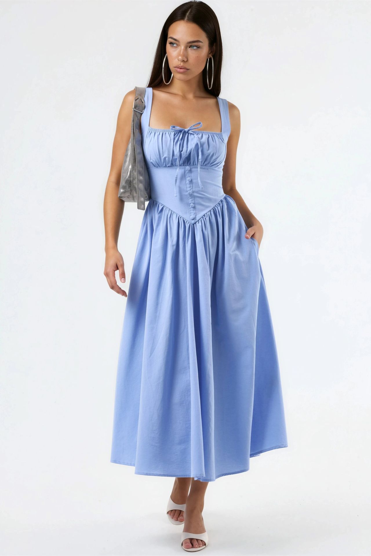 BUSEM Midi Dress with Square Collar and Button Detail 4