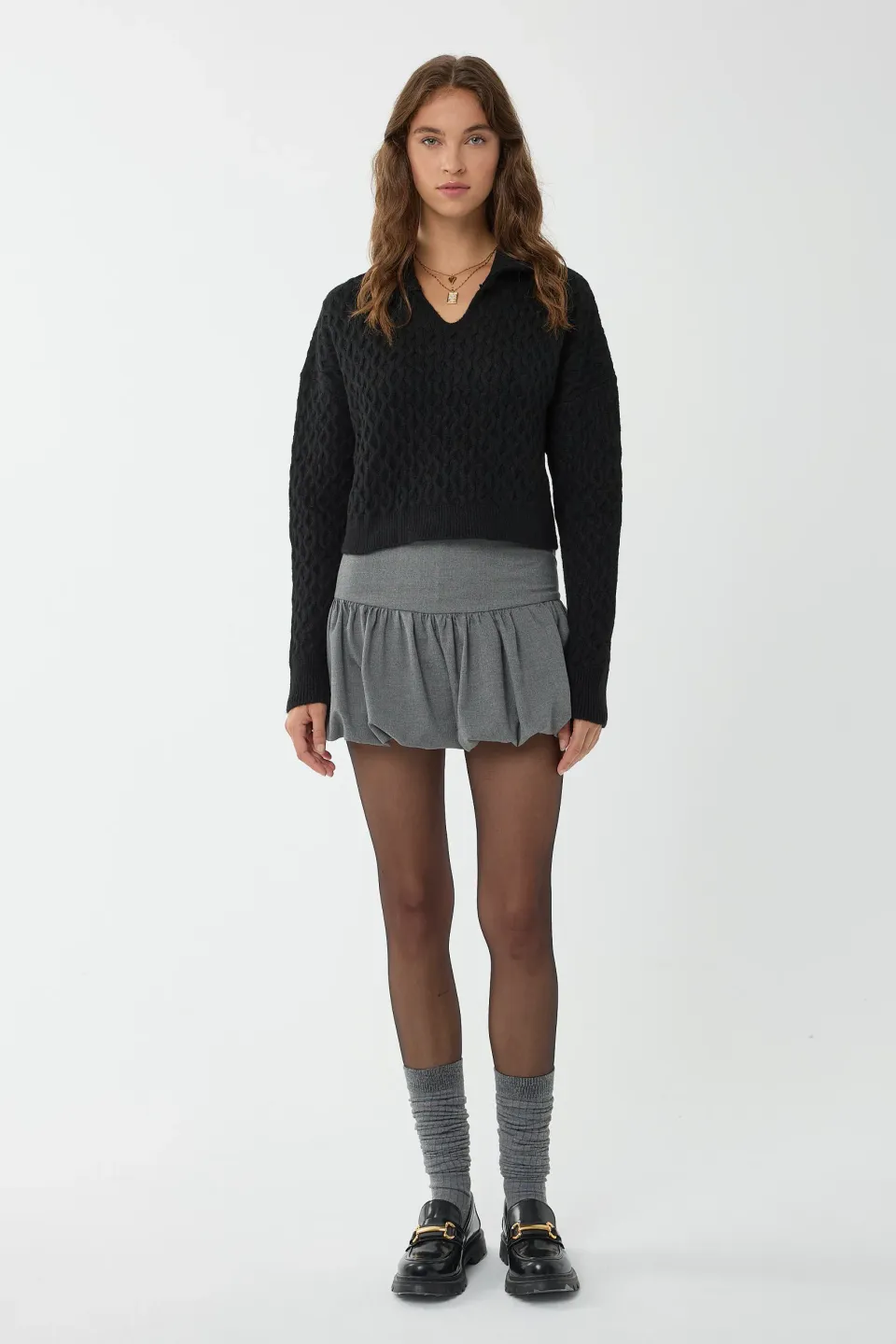 Textured Knitted Sweater with Shirt Collar