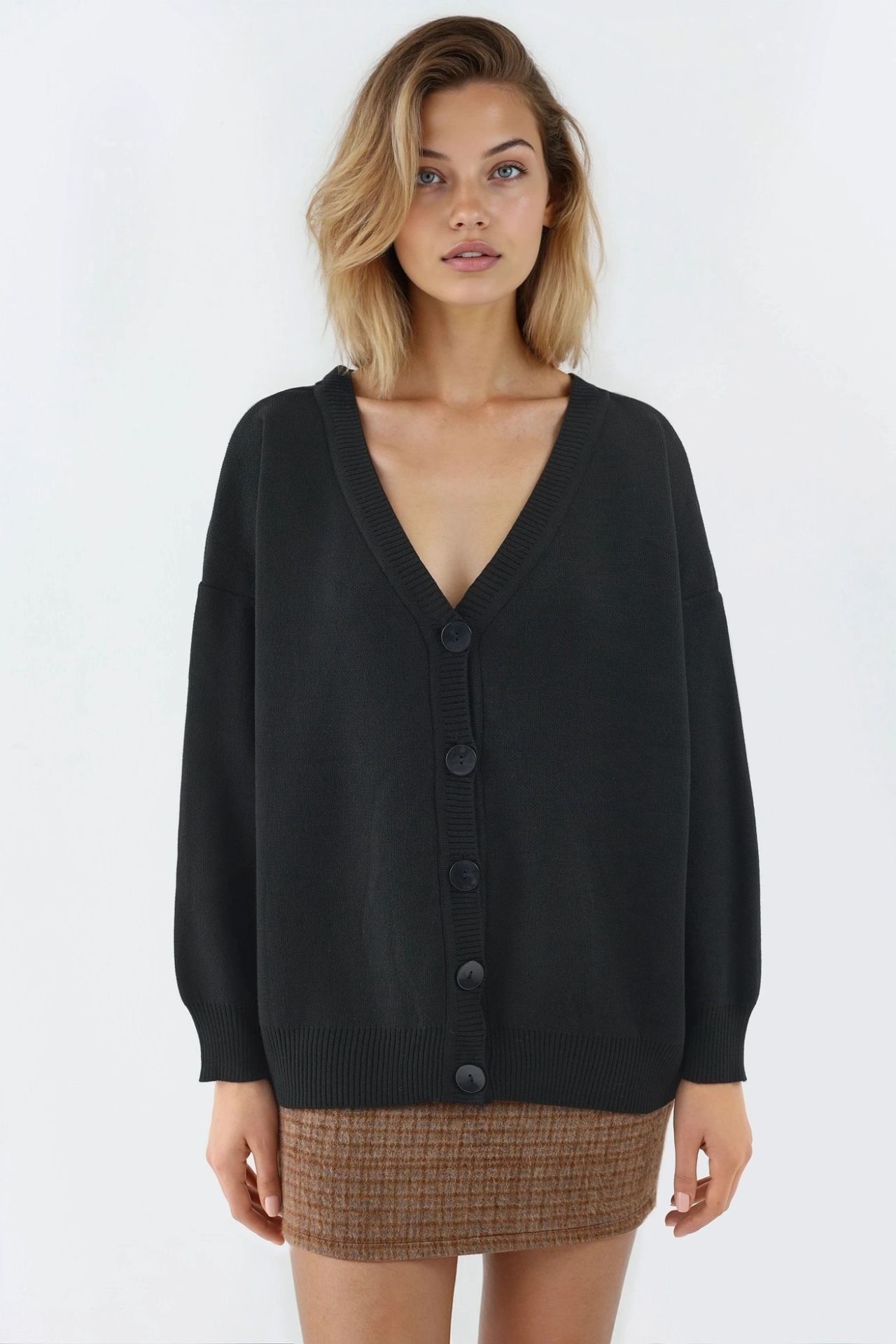 MY FASHION Oversized Ribbed V-Neck Button Cardigan
