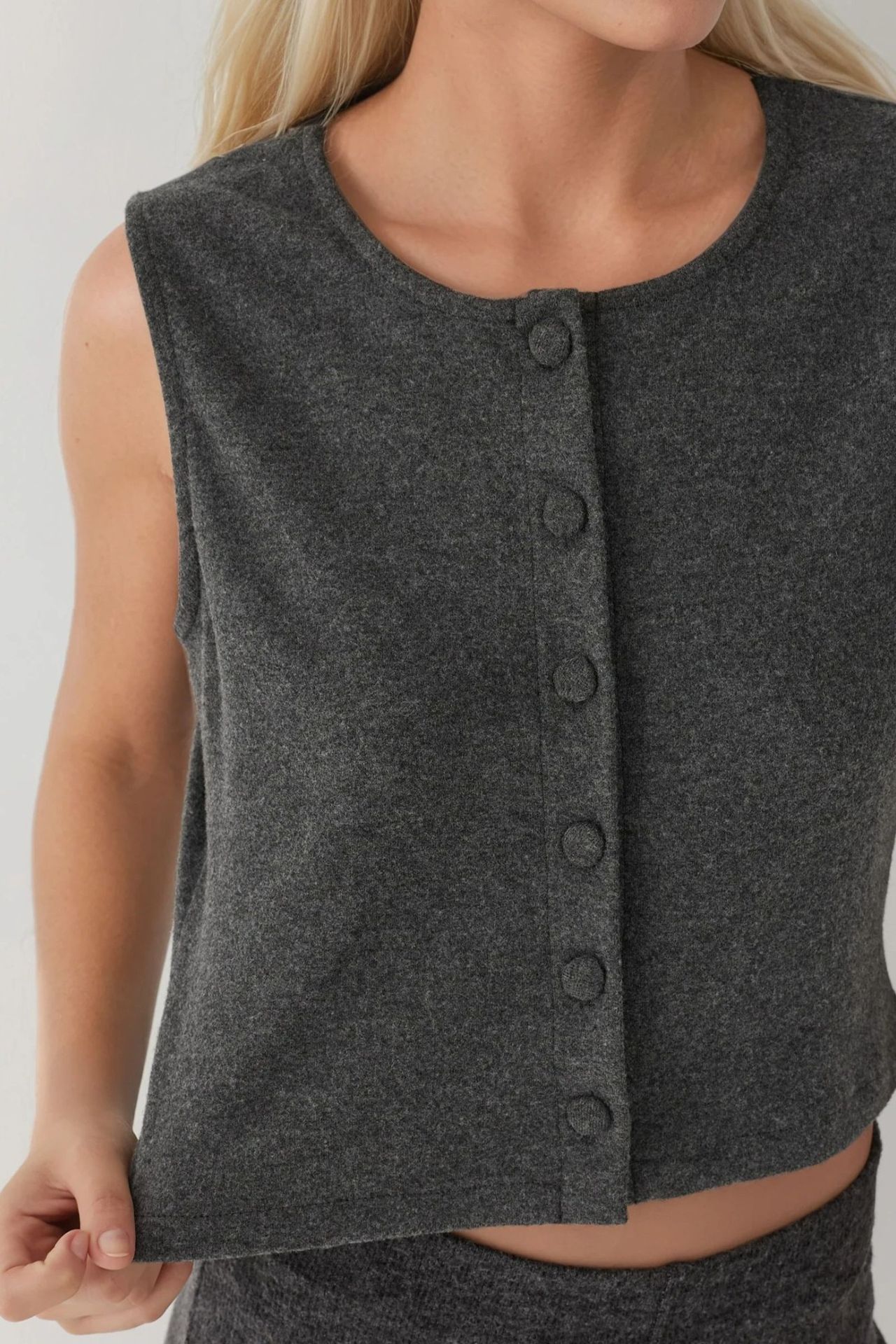 Textured Crew Neck Sleeveless Waistcoat with Button Detail 5