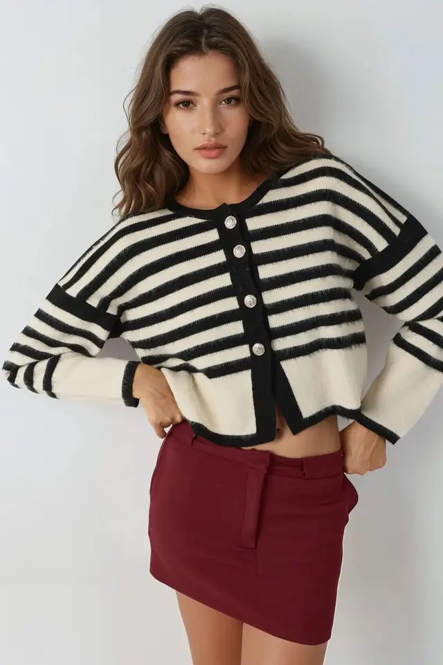 MY FASHION Striped Knit Cardigan with Button Closure