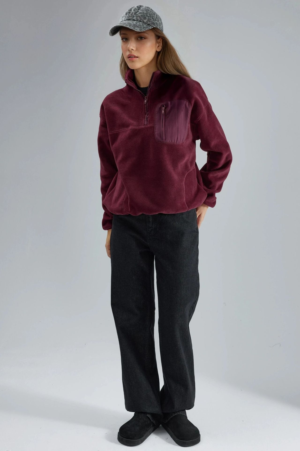 BUSEM Zipper Collar Plush Knit Sweatshirt with Pocket
