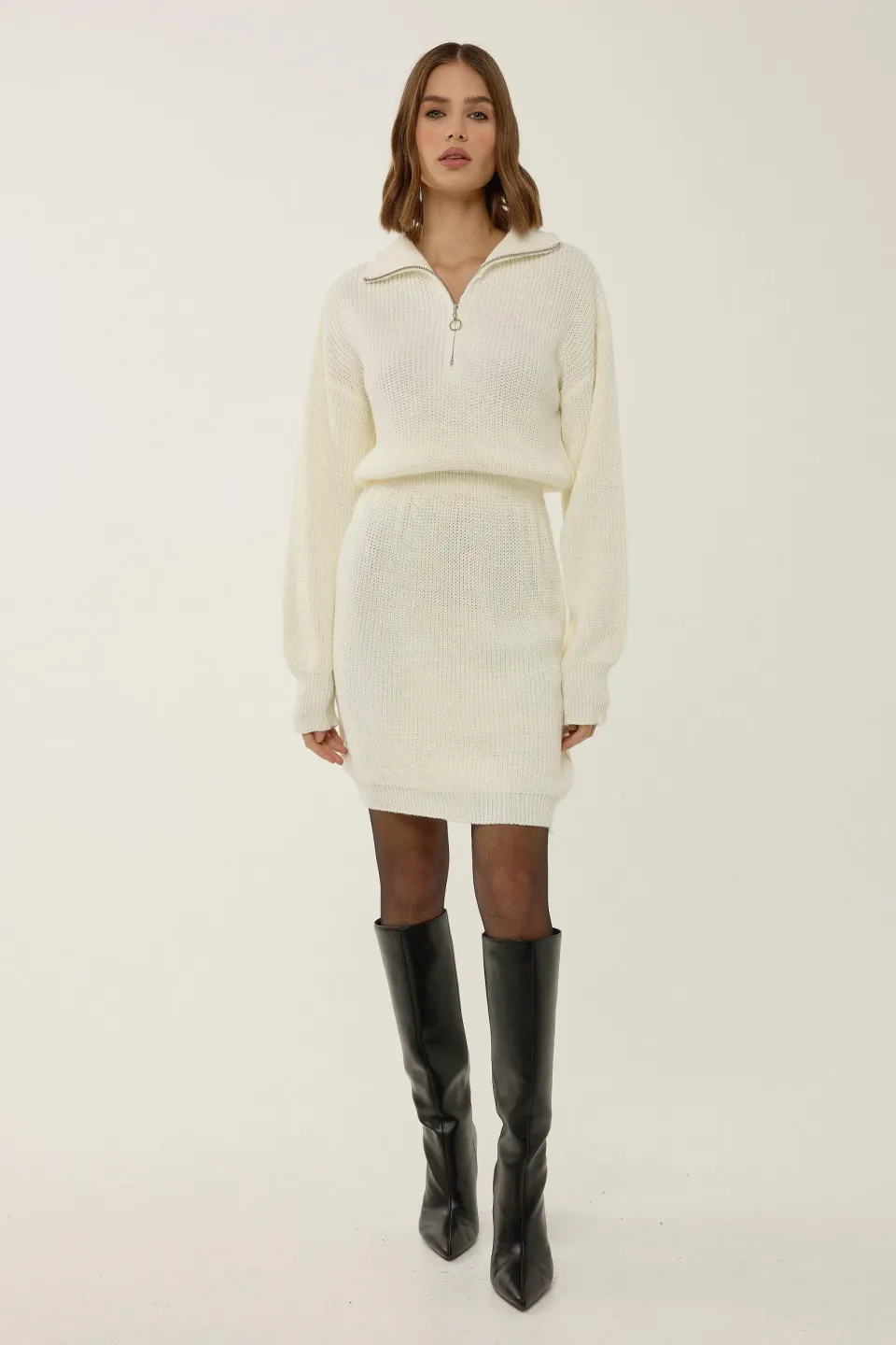 Waist Sitting Ribbed Mini Knit Dress with Zipper Collar