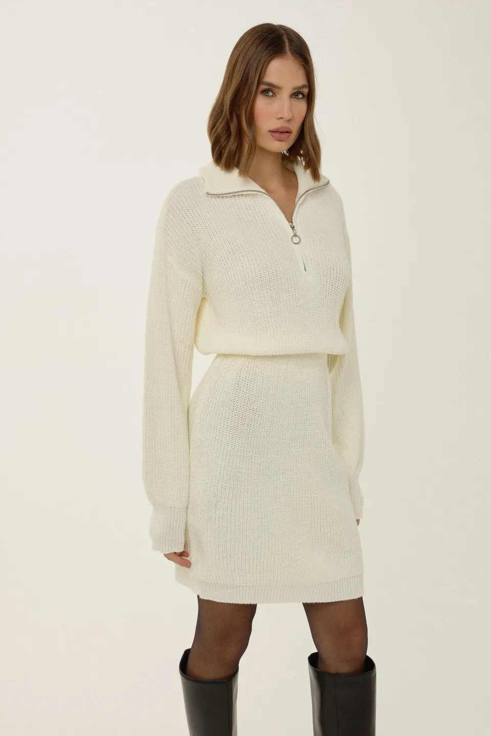 Waist Sitting Ribbed Mini Knit Dress with Zipper Collar